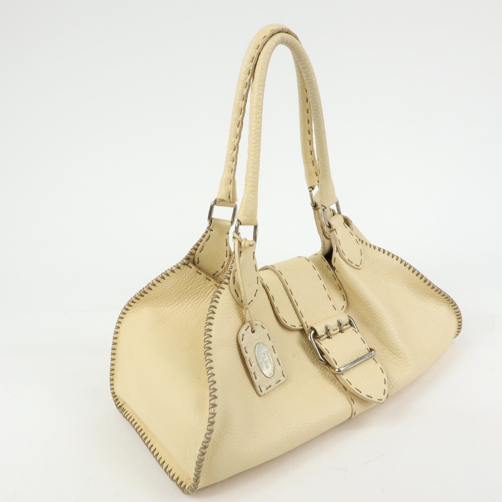 FENDI Selleria Leather Hand Bag Shoulder Bag Cream 8BR457
