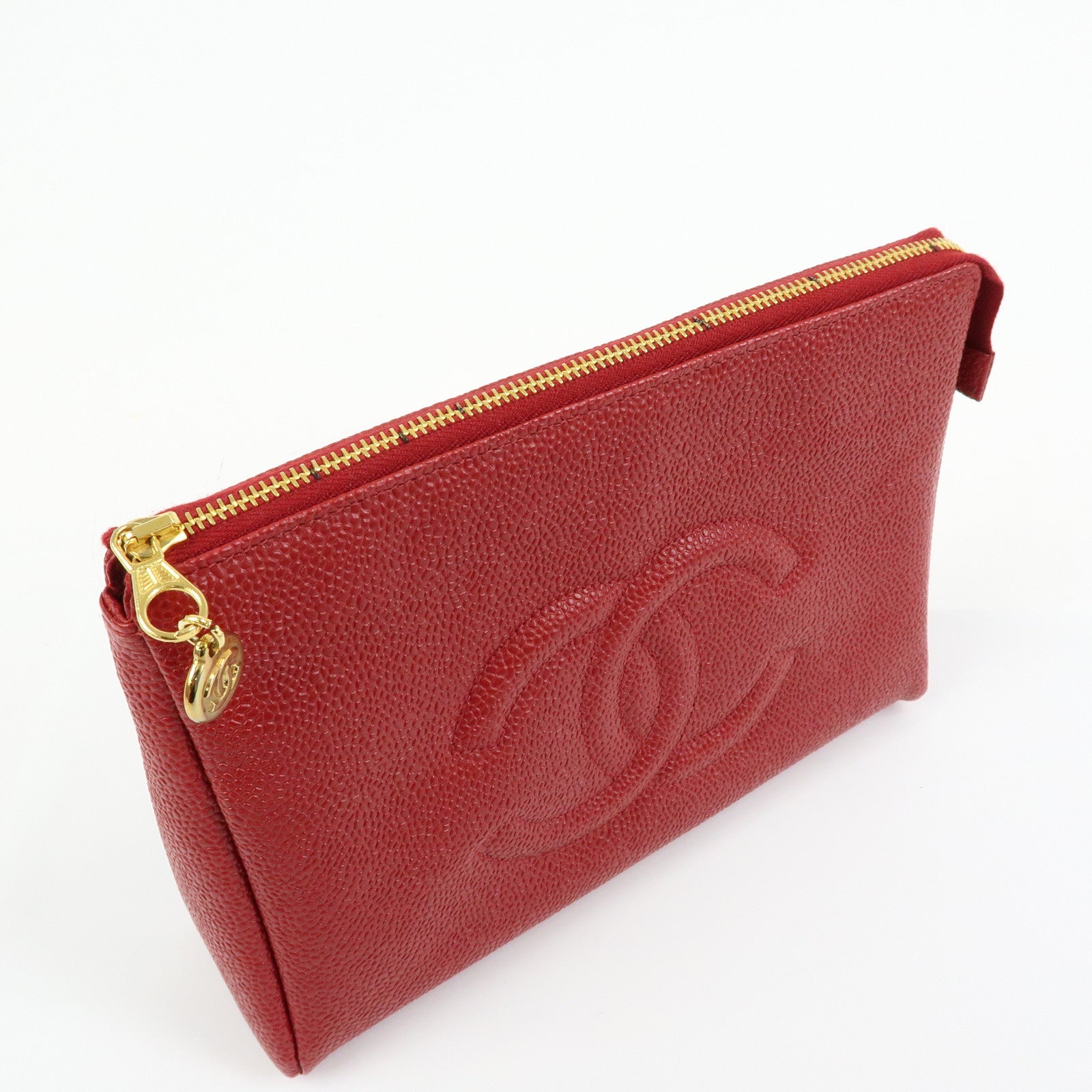 CHANEL COCO Mark Caviarskin Cosmetic Case Makeup Bag Pouch Red