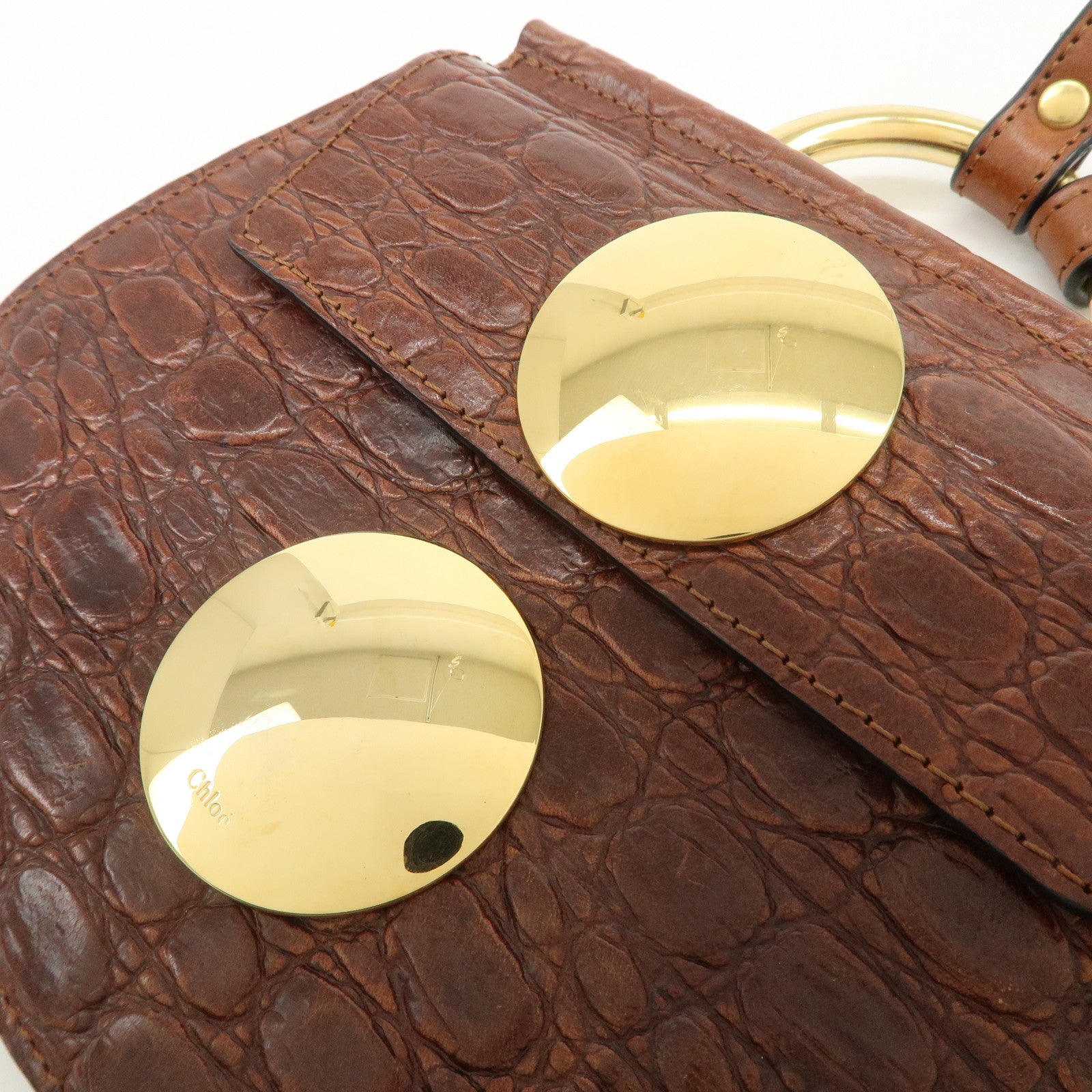 Chloe Logo Embossed Leather Shoulder Bag Hand Bag Brown