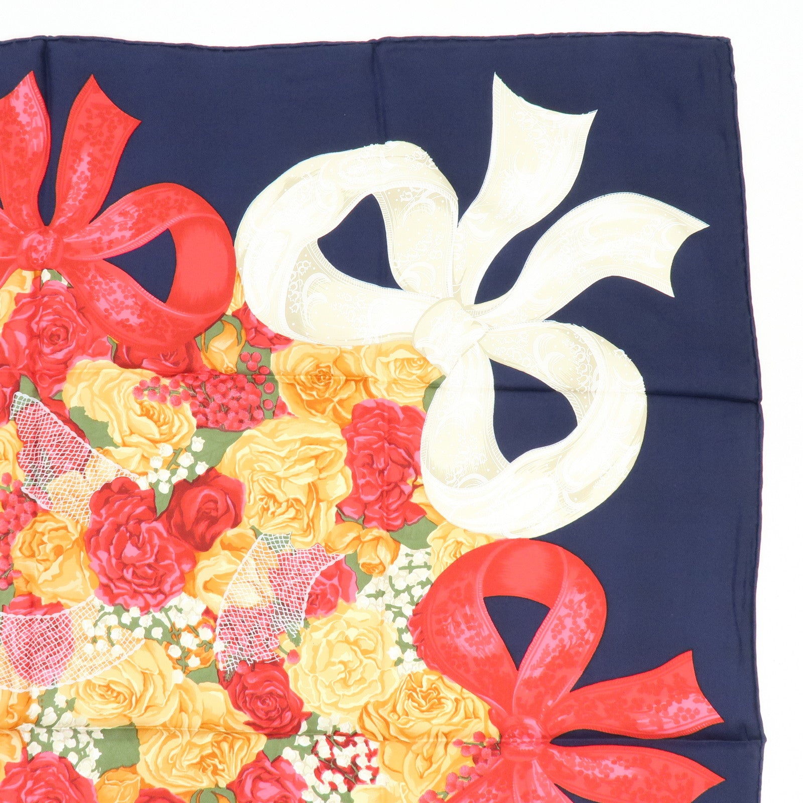 Christian Dior Silk 100% Scarf Flowers Motif Navy Red Orange
