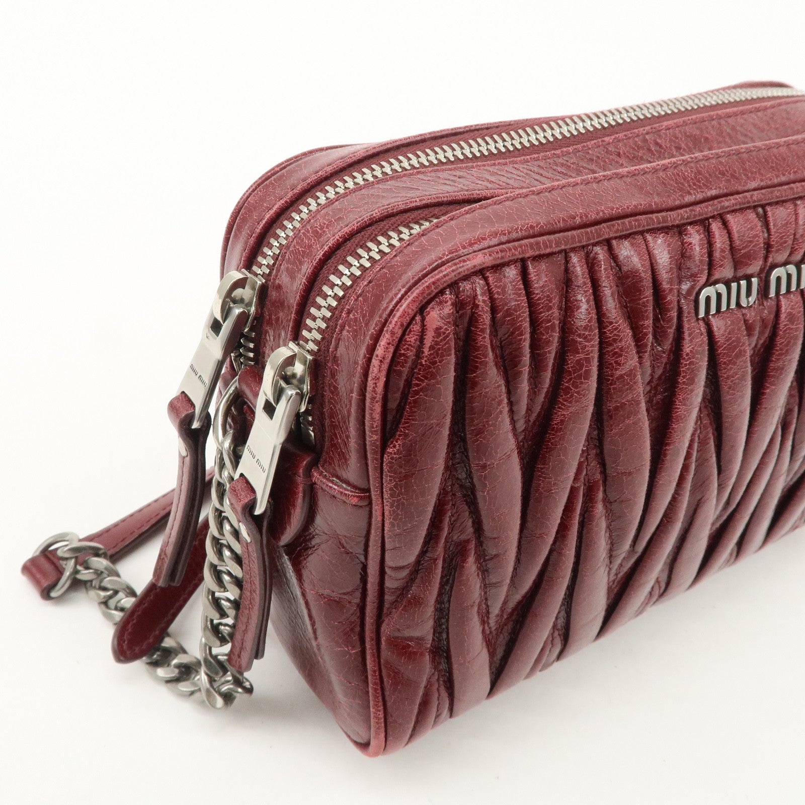 MIUMIU Matelasse Leather Shoulder Bag Burgundy Silver Hardware Used