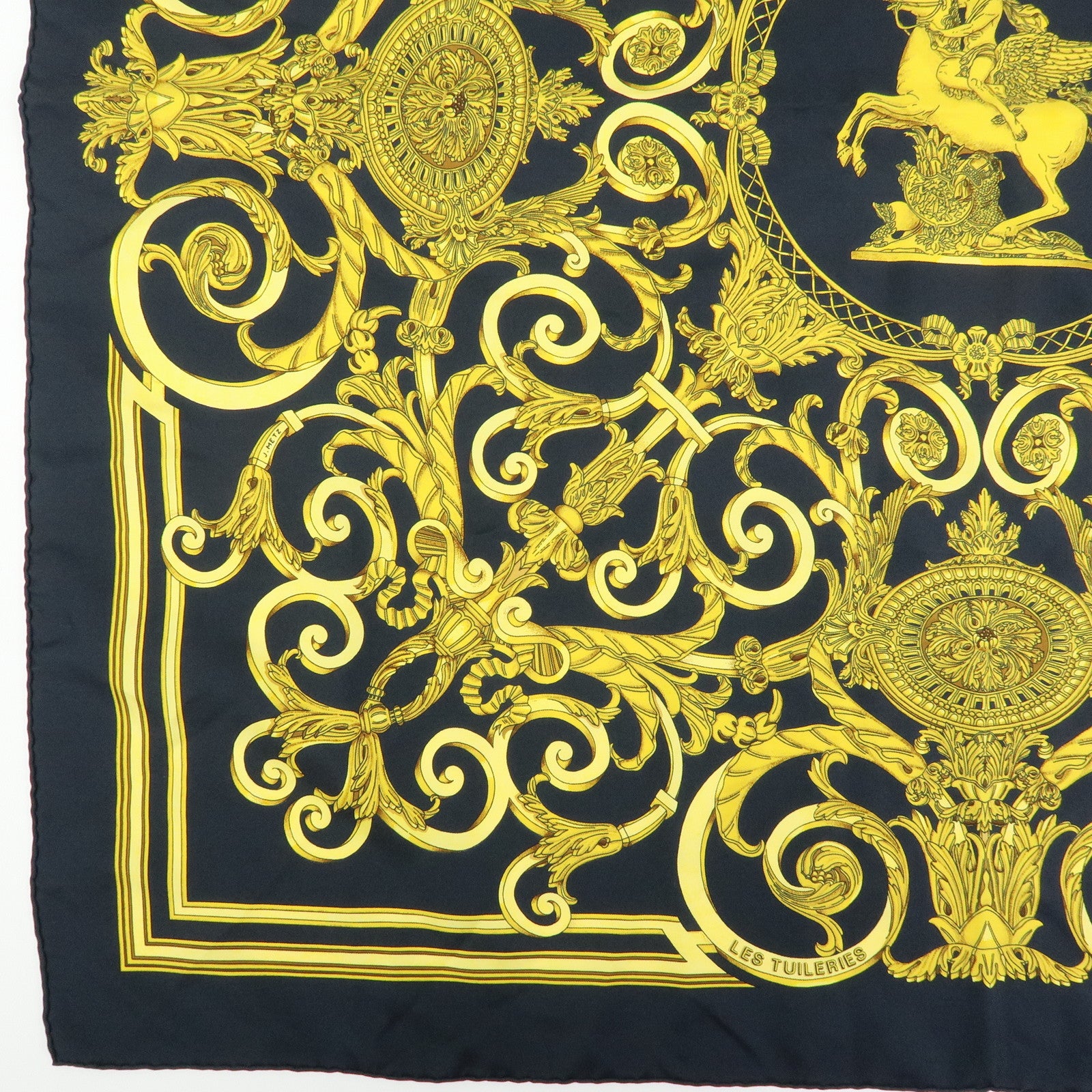 HERMES Carre 90 Silk 100% Scarf LES TUILERIES Black Gold