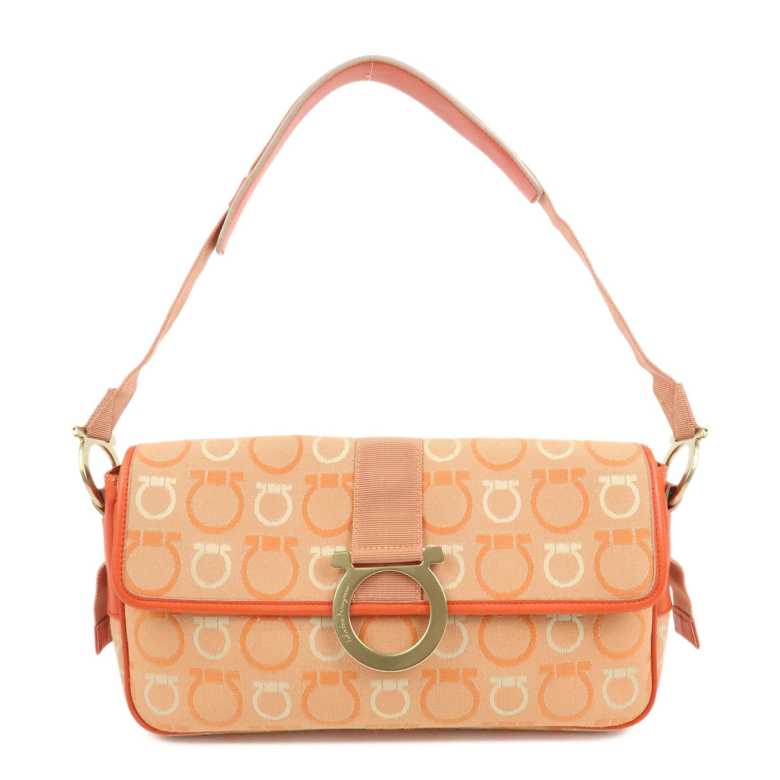 Ferragamo Gancini Canvas Leather Shoulder Bag Orange