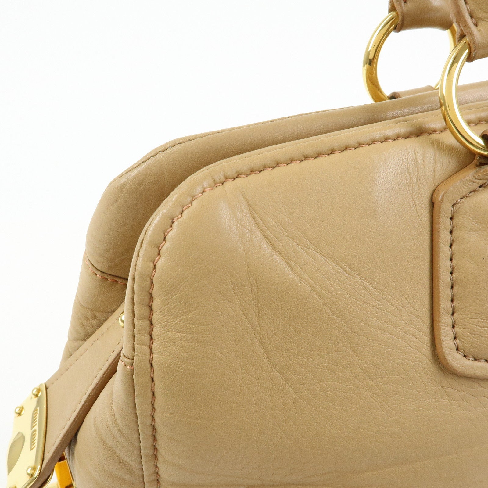 MIU MIU Logo Leather Hand Bag Boston Bag Beige