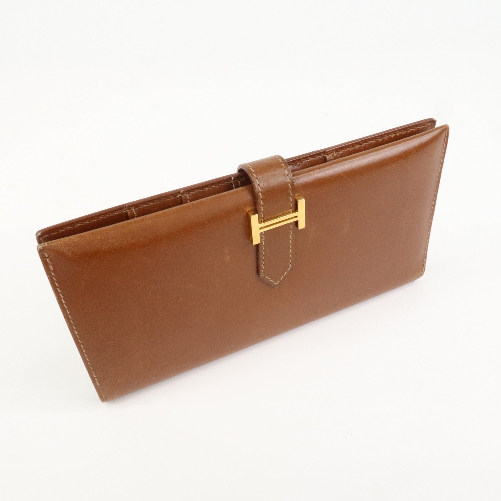 HERMES Bearn Classic Box Calf □O Stamped Bi-Fold Long Wallet Brown