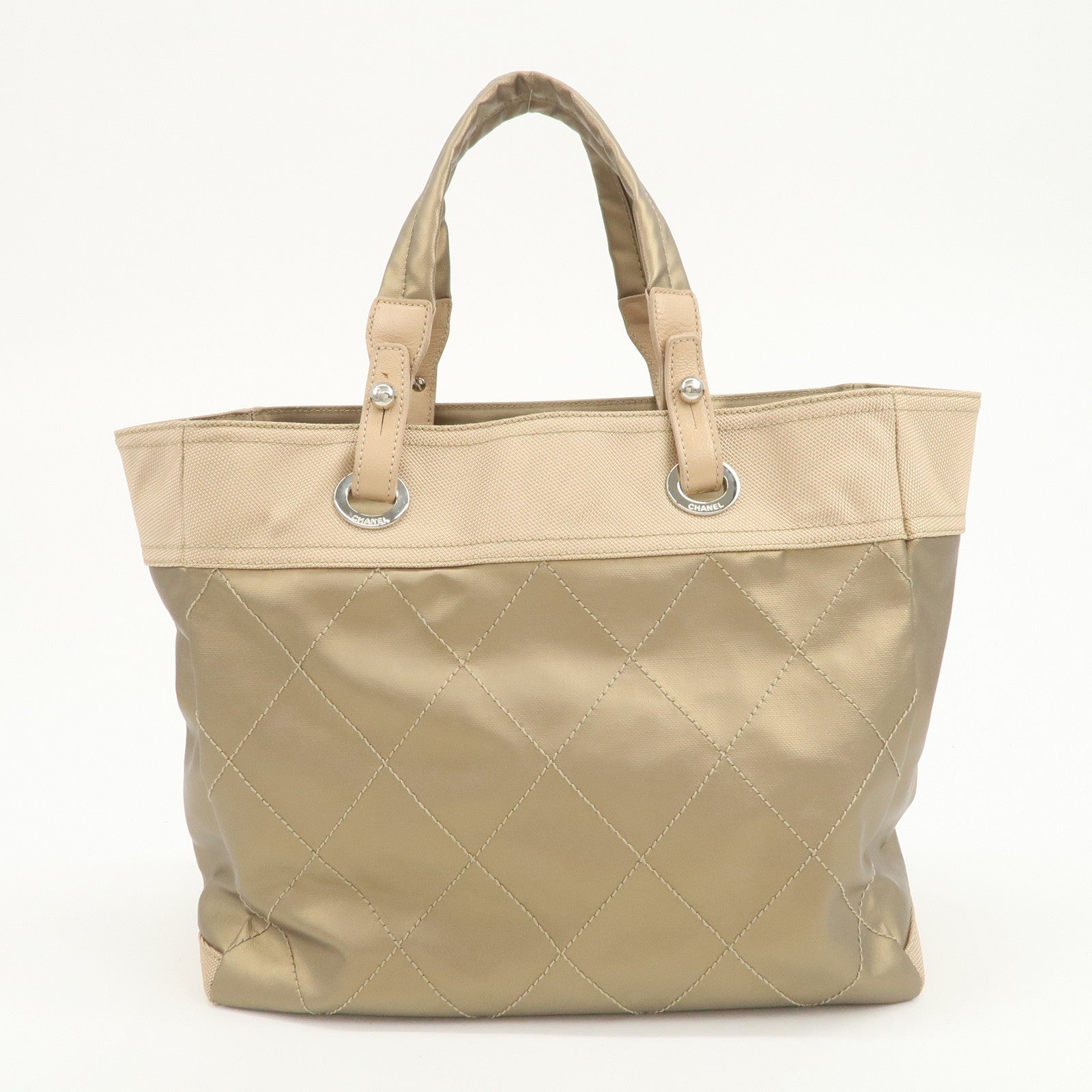 CHANEL Paris Biarritz MM PVC Canvas Tote Bag Hand Bag Beige A34209