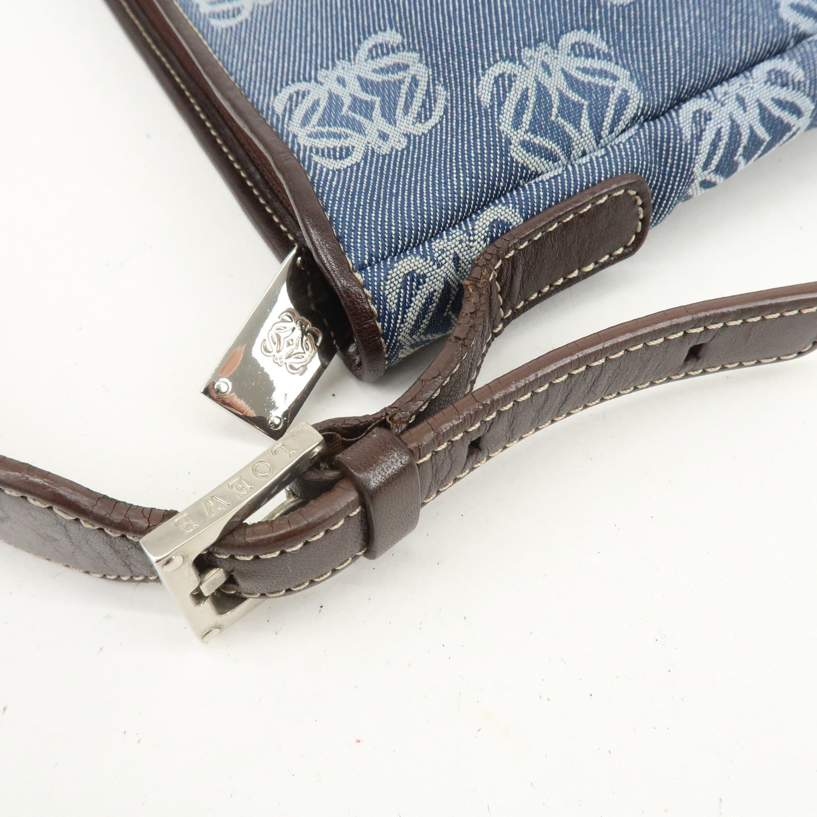 LOEWE Anagram Canvas Leather Shoulder Bag Hand Bag Denim Brown