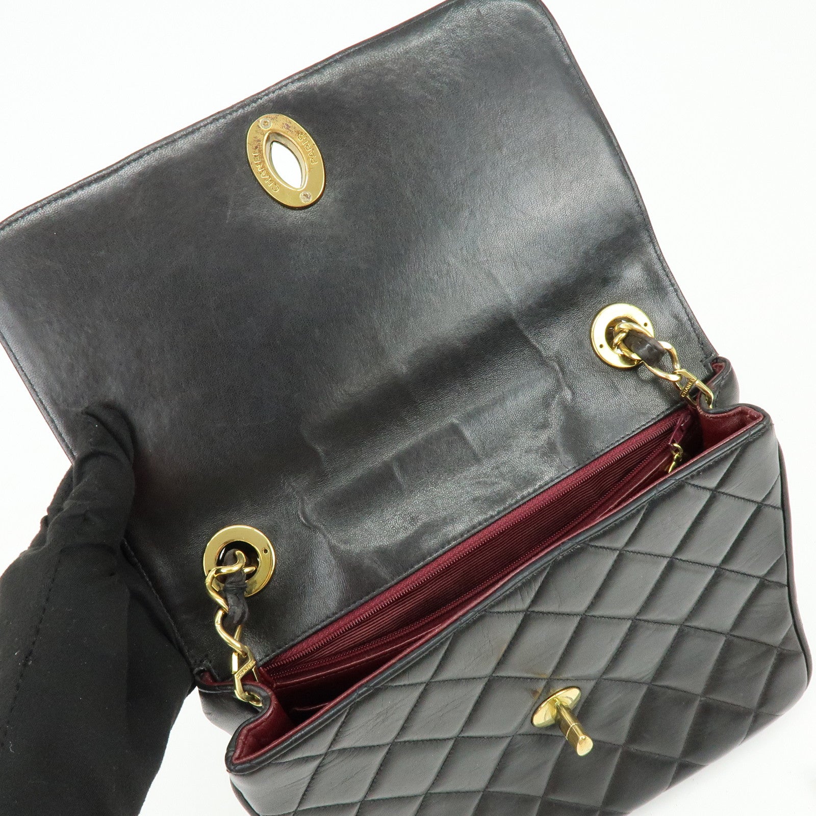 CHANEL Matelasse Lamb Skin Chain Flap Shoulder Bag Black