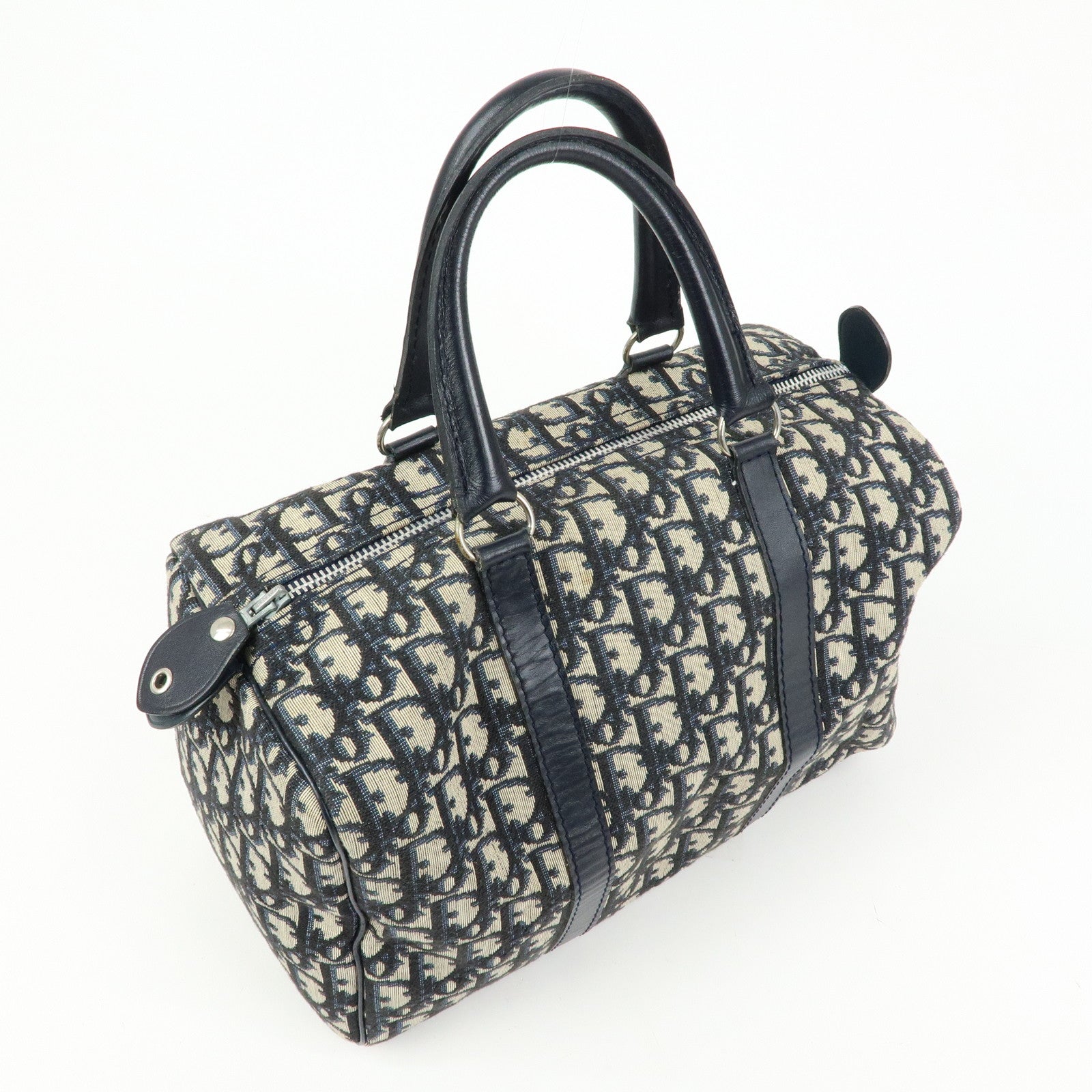 Christian Dior Trotter Jacquard Leather Boston Bag Hand Bag Navy