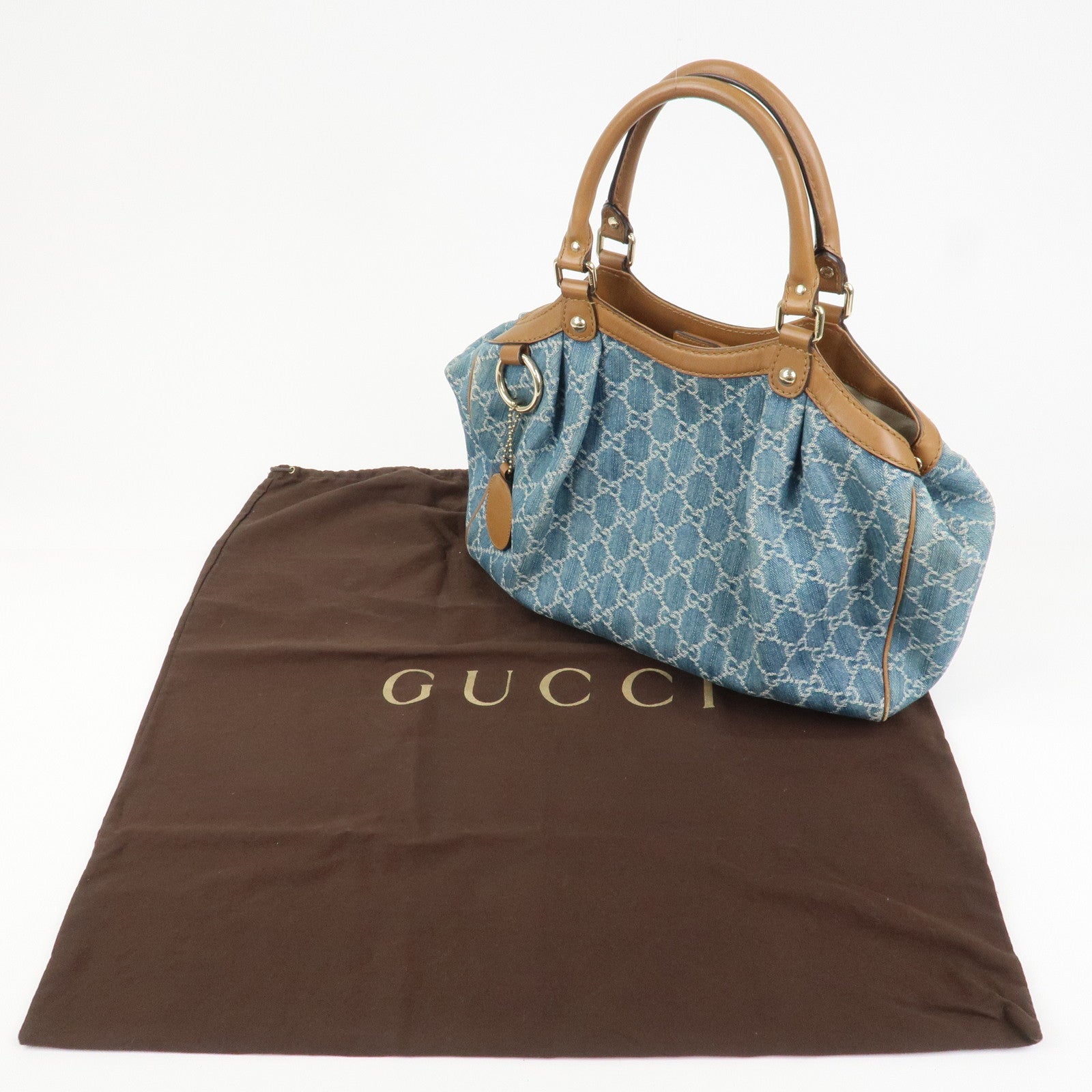 GUCCI Sukey GG Denim Leather Tote Bag Hand Bag Blue Brown 211944