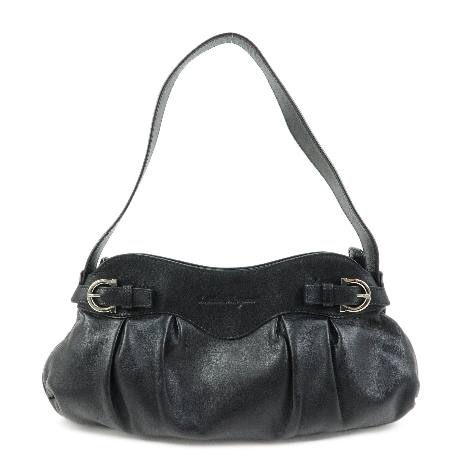 Ferragamo Gancini Leather Shoulder Bag Hand Bag Black