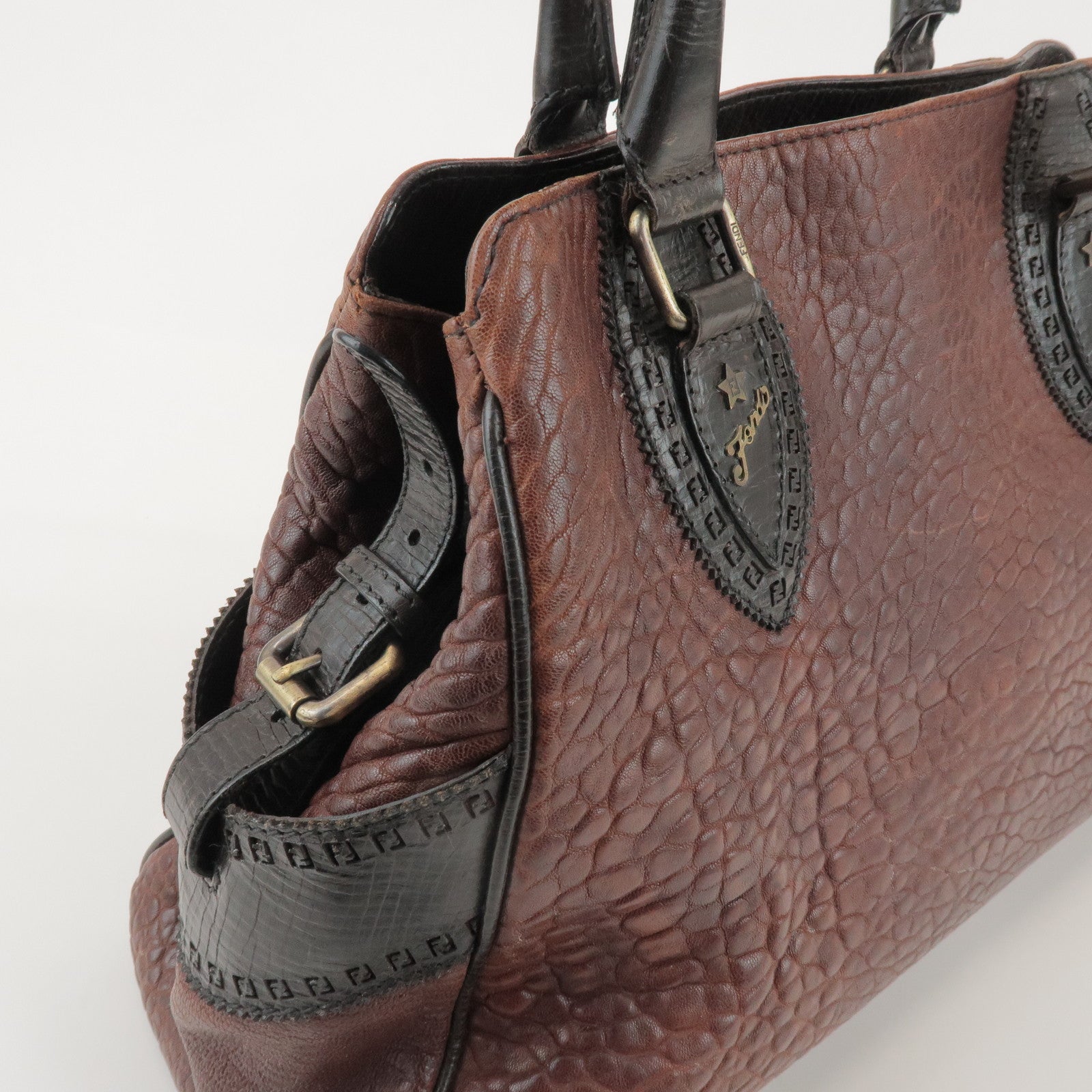 FENDI Etnico Leather Tote Bag Hand Bag Dark Brown 8BN162