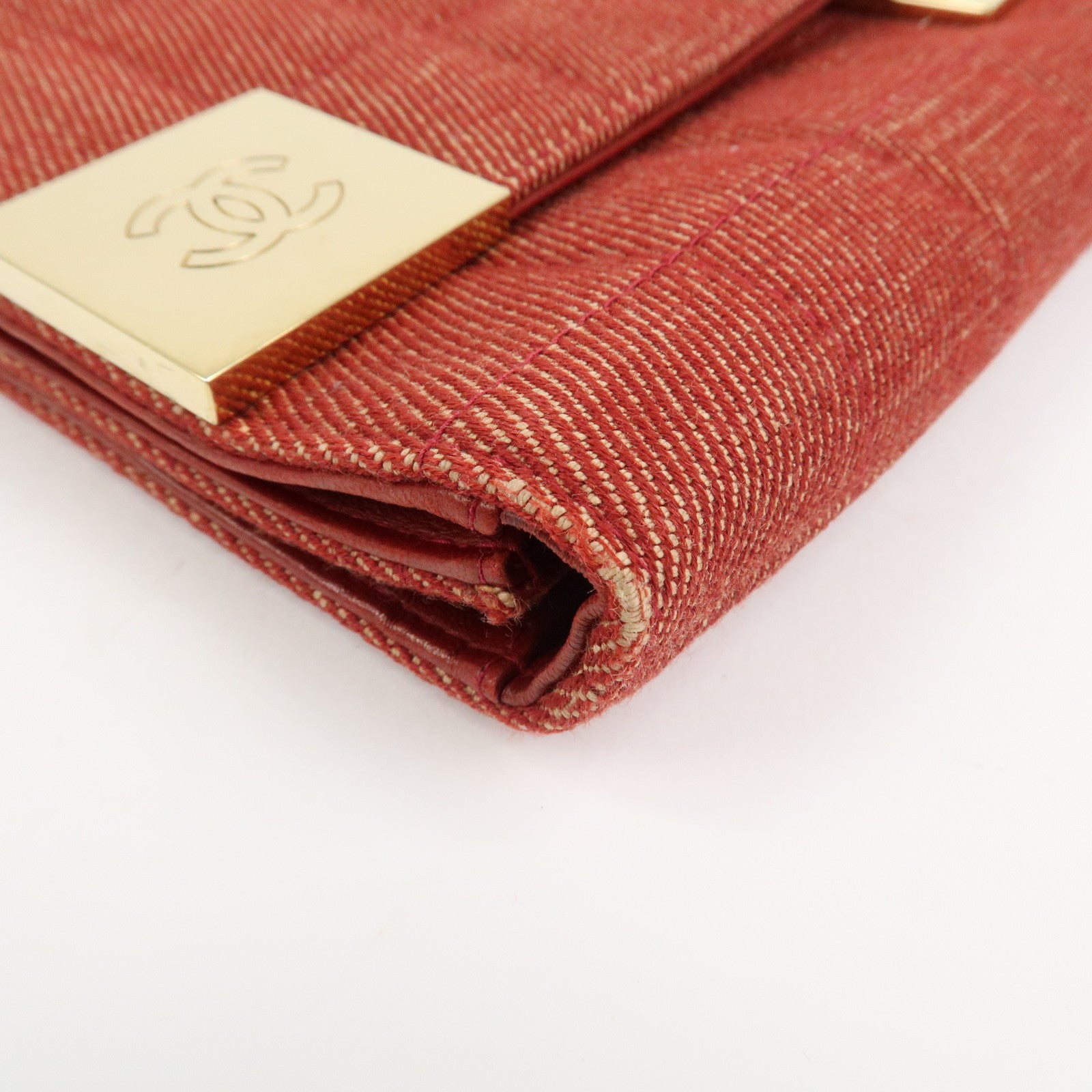 CHANEL Denim Lamb Skin Leather Chain Shoulder Bag Red