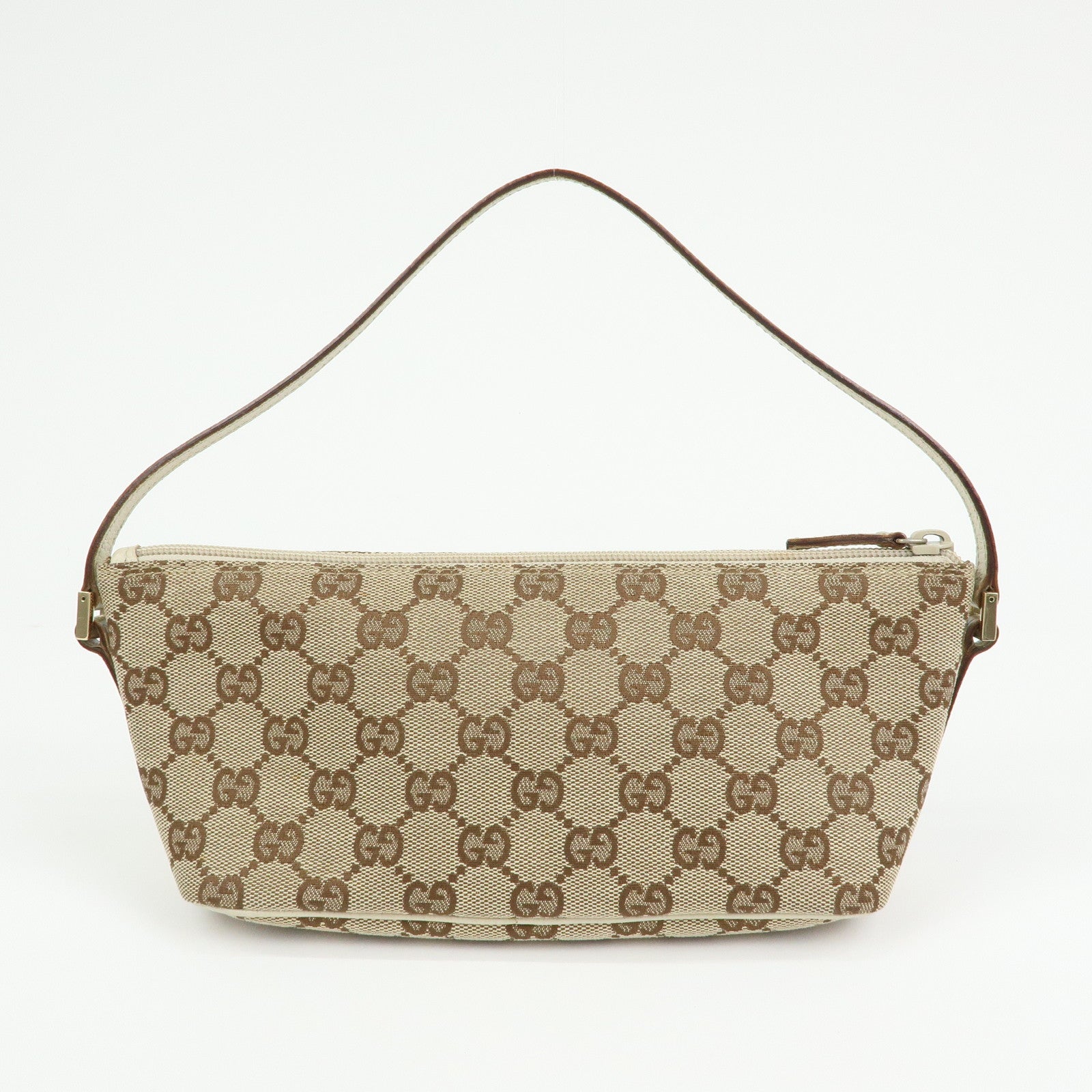 GUCCI Boat Bag GG Canvas Leather Hand Bag Pouch Brown Ivory 07198