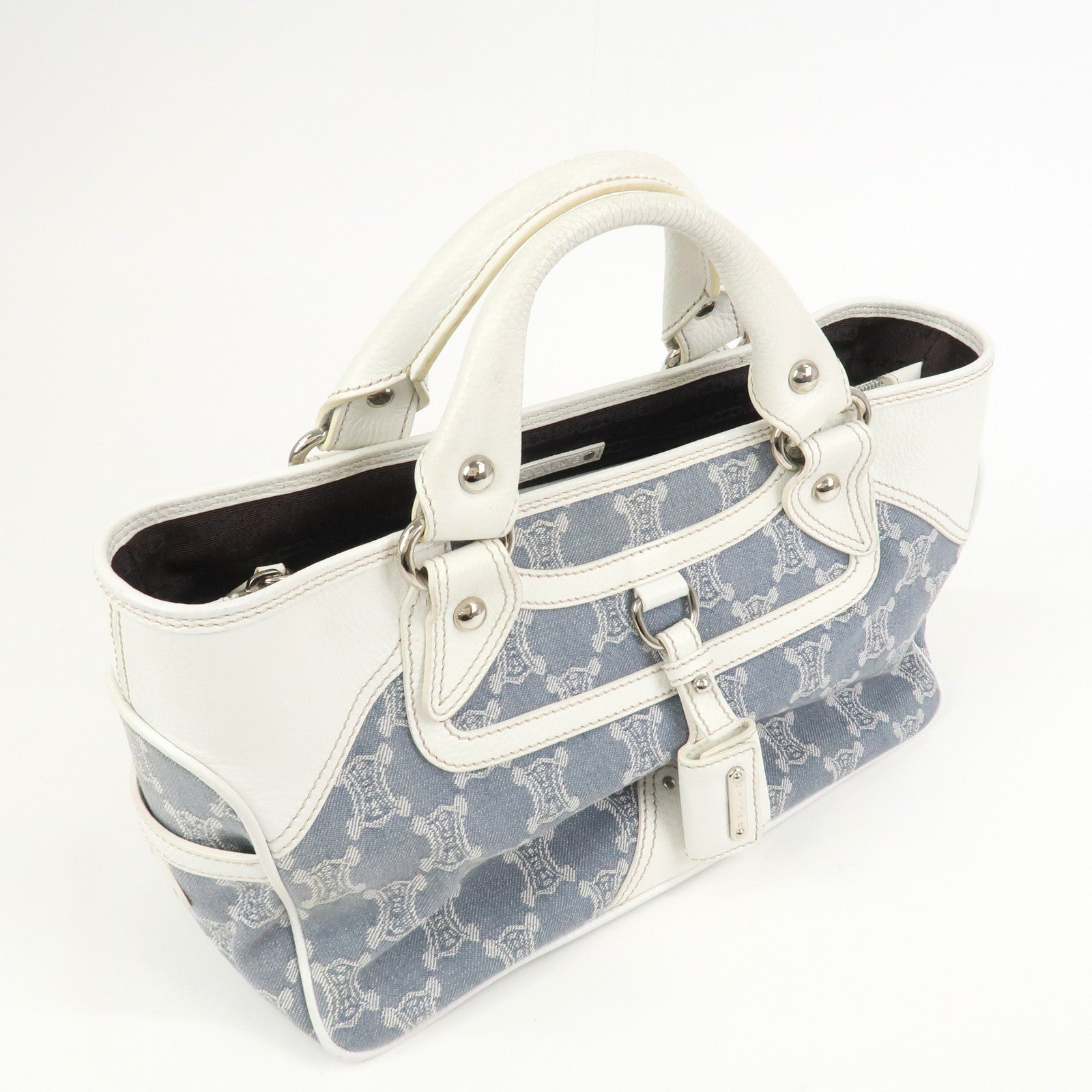 CELINE Macadam Canvas Leather Boogie Bag Hand Bag Light Blue White