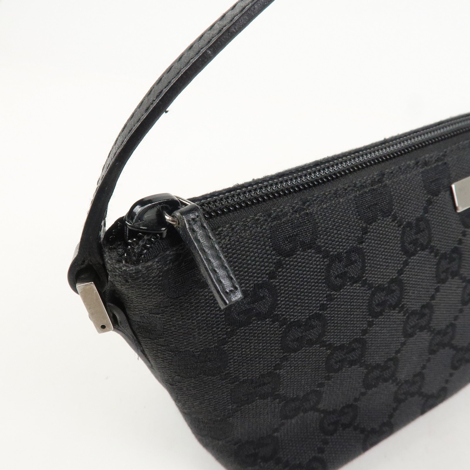 GUCCI Boat Bag GG Canvas Leather Hand Bag Pouch Black 07198