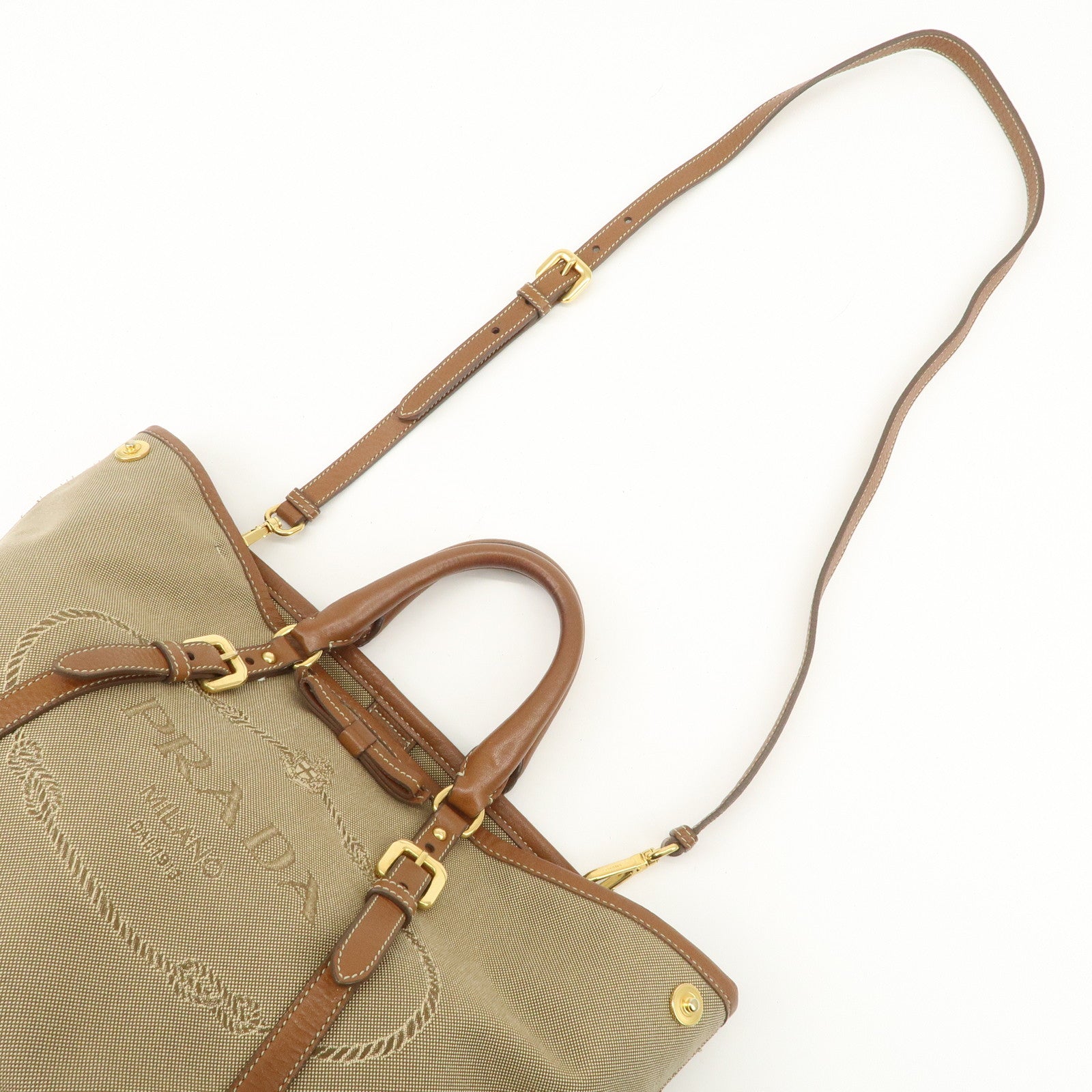 PRADA Logo Jacquard Leather Ribbon 2Way Tote Bag Brown BN1841