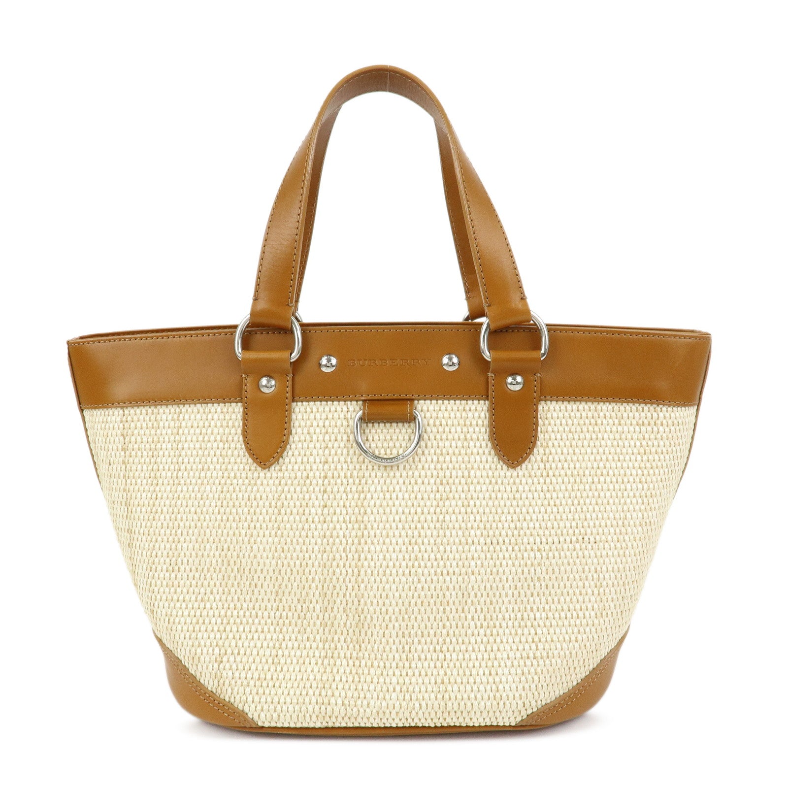 BURBERRY Straw Canvas Leather Tote Bag Shoulder Bag Natural Brown