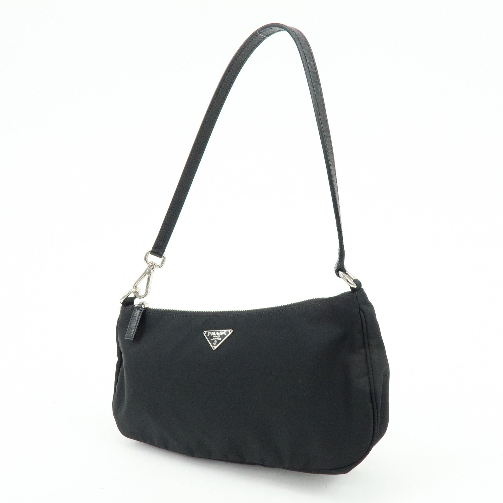 PRADA Triangle Logo Leather Shoulder Bag Hand Bag Black