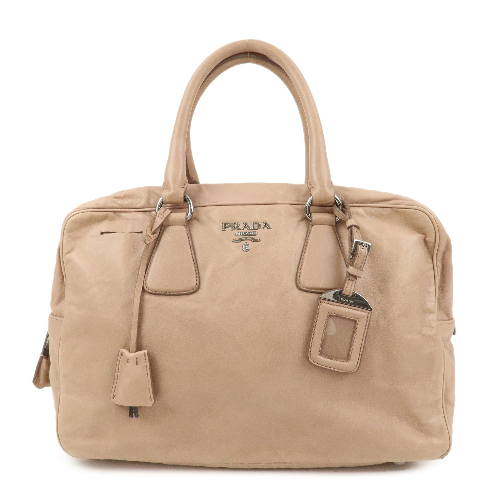 PRADA Logo Leather Hand Bag Shoulder Bag Pink Beige BL094F