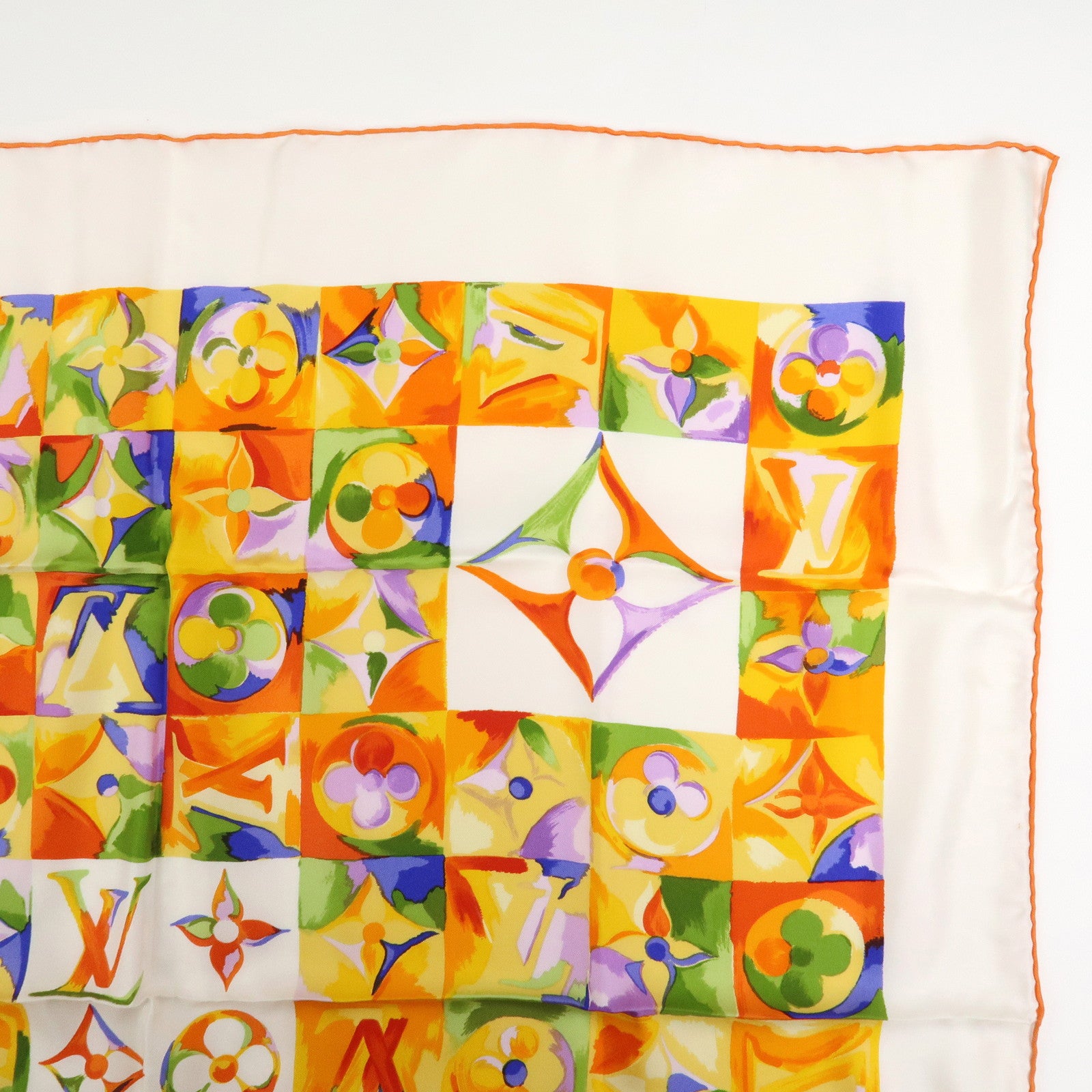Louis Vuitton Monogram Silk 100％ Scarf White Orange Watercolor