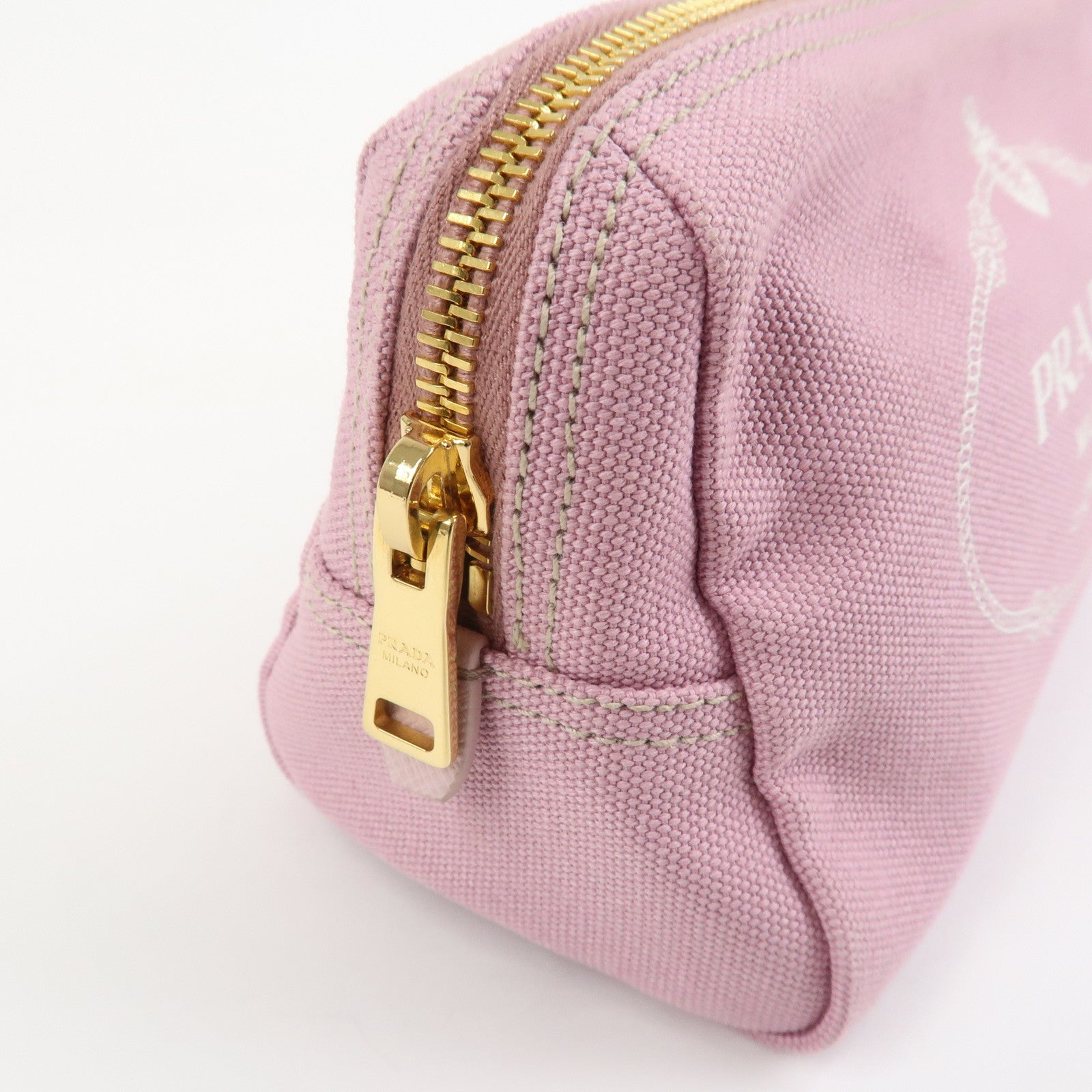 PRADA Logo Canapa Canvas Cosmetic Pouch Makeup Bag Pink 1NA693