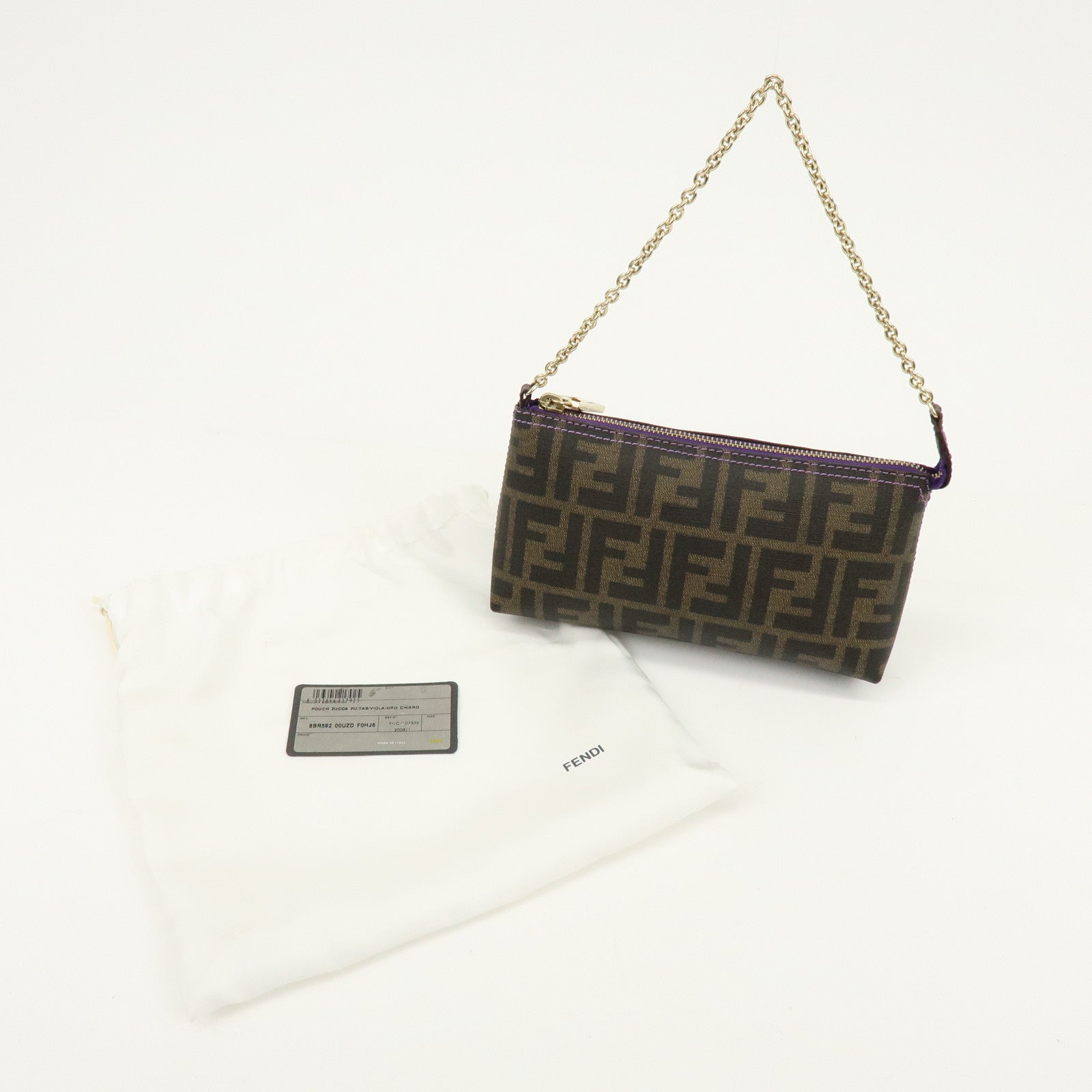 FENDI Zucca Print PVC Chain Accessory Pouch Brown Purple 8BR592