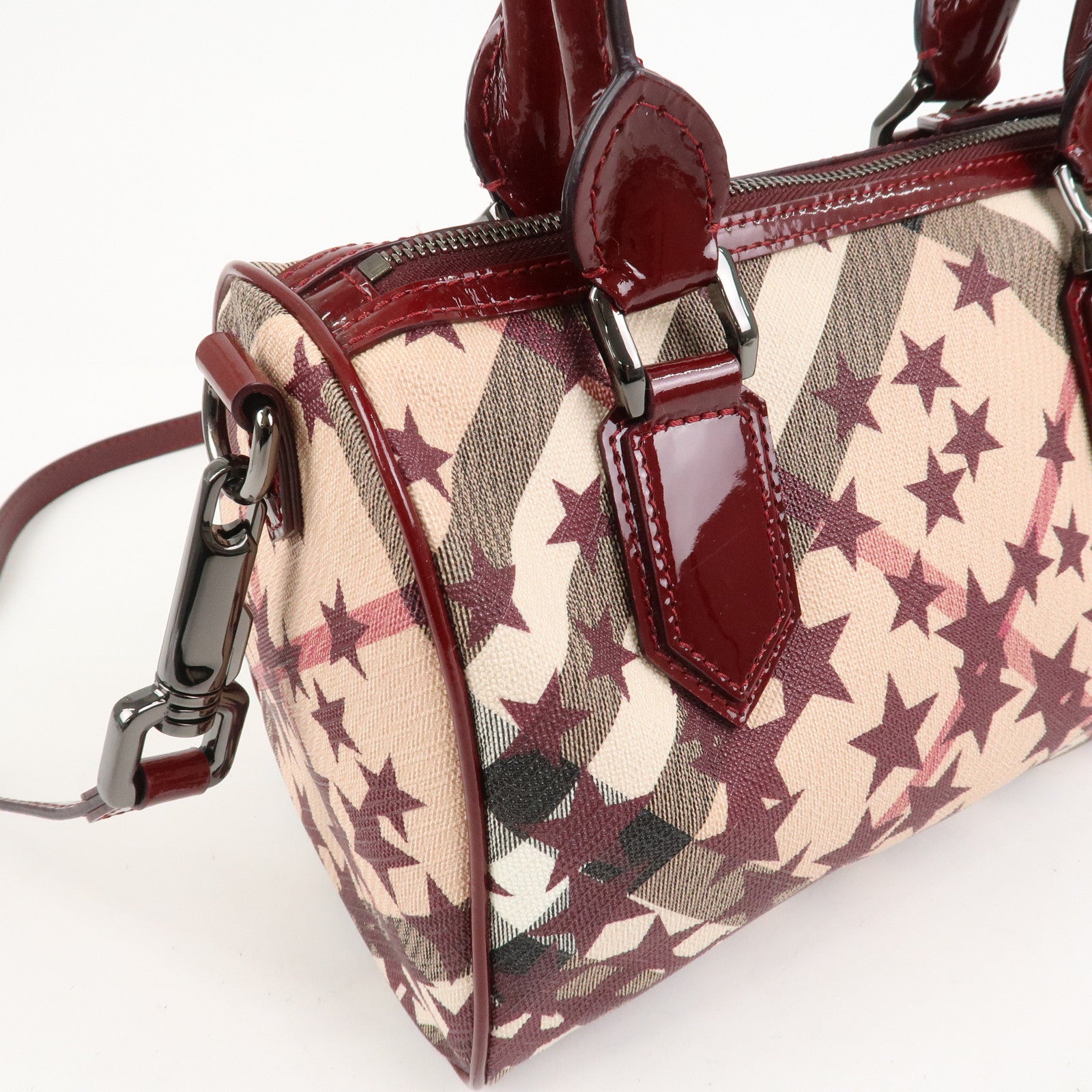 BURBERRY PVC Canvas Patent Leather Boston Bag Beige Bordeaux