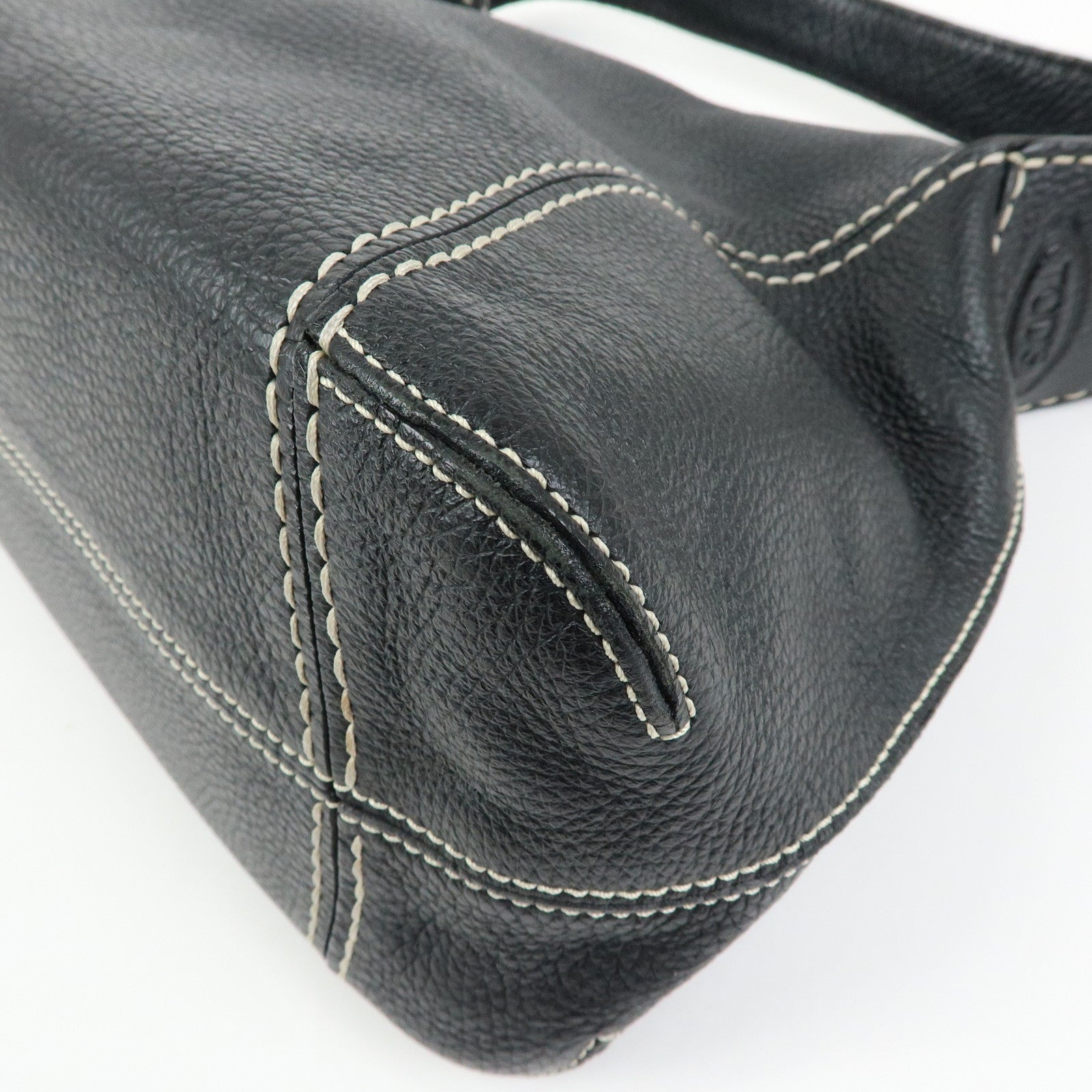 TOD'S Logo Stitches Leather Shoulder Bag Hand Bag Black
