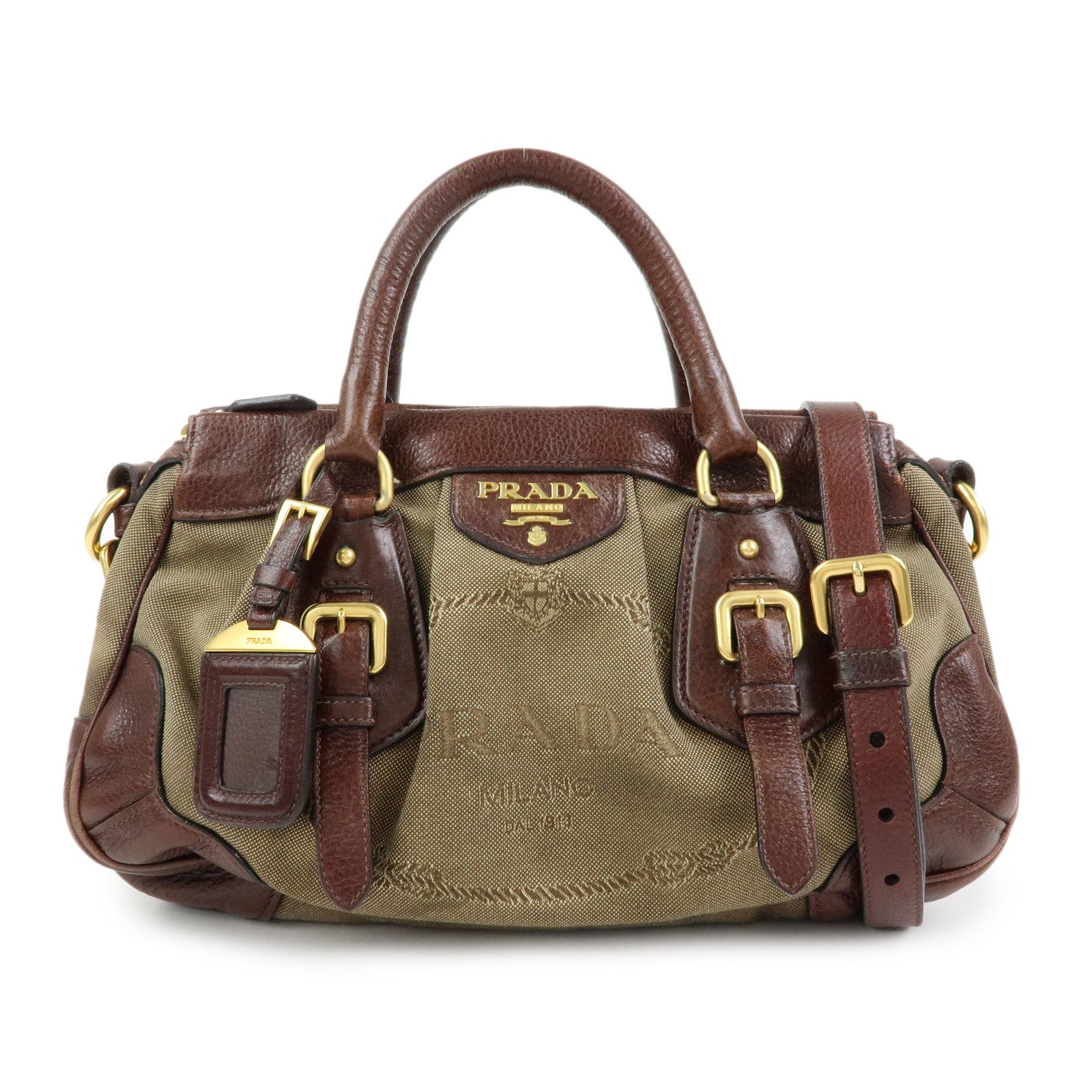 PRADA Logo Jacquard Leather 2Way Bag Hand Bag Shoulder Bag Brown