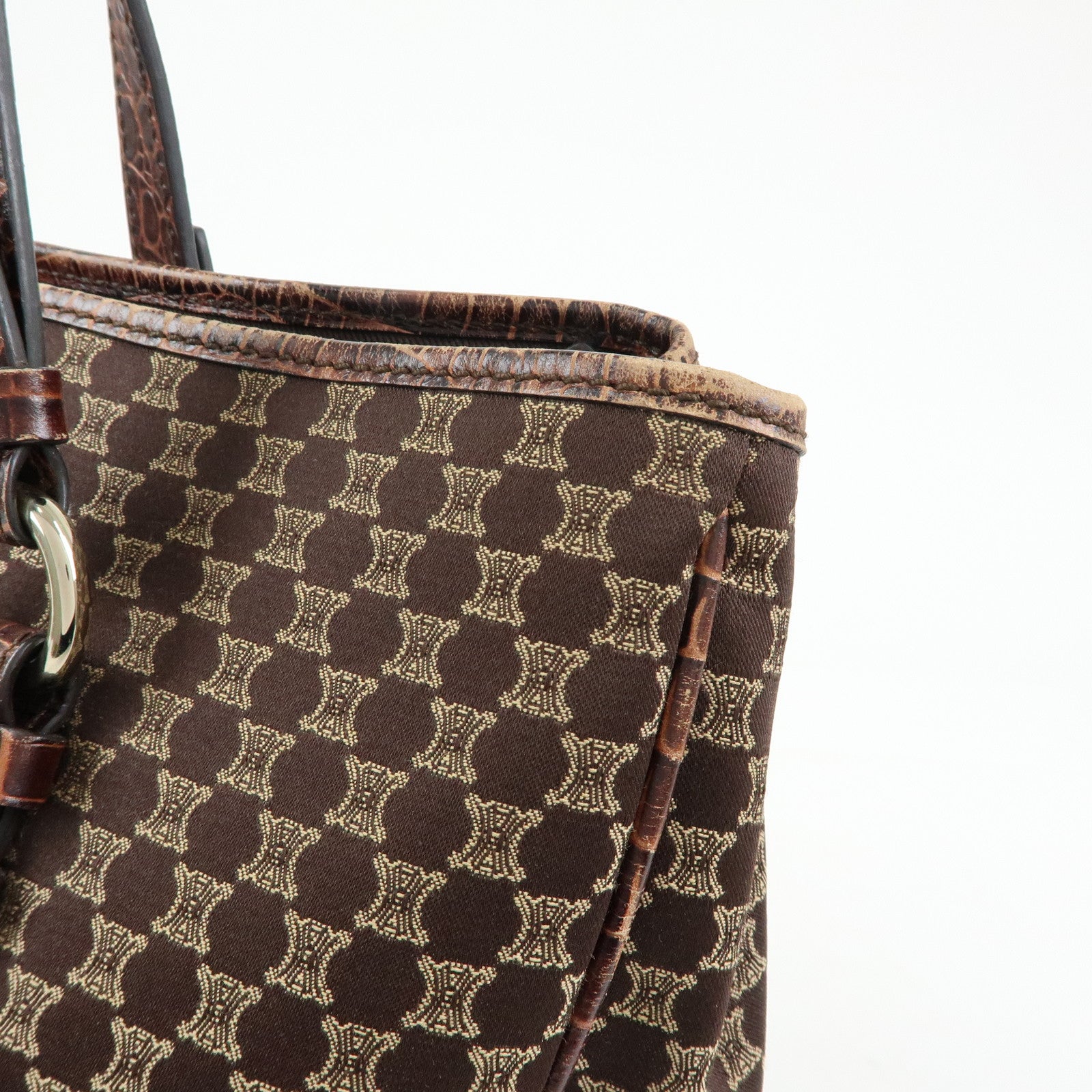 CELINE Macadam Embsossed Leather Canvas Tote Bag Hand Bag Brown