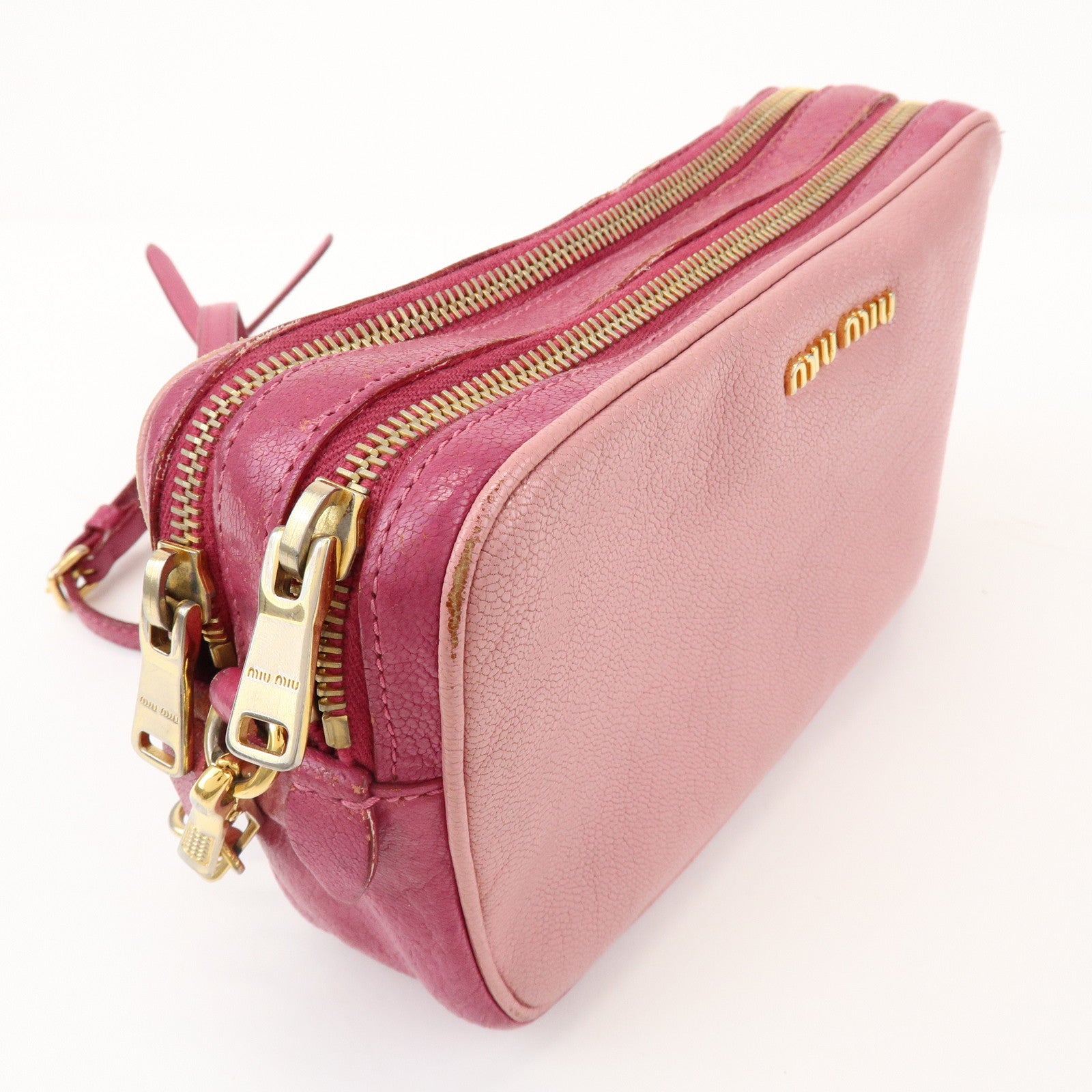 MIU MIU Logo Madras Leather Shoulder Bag Crossbody Bag Pink RT0539