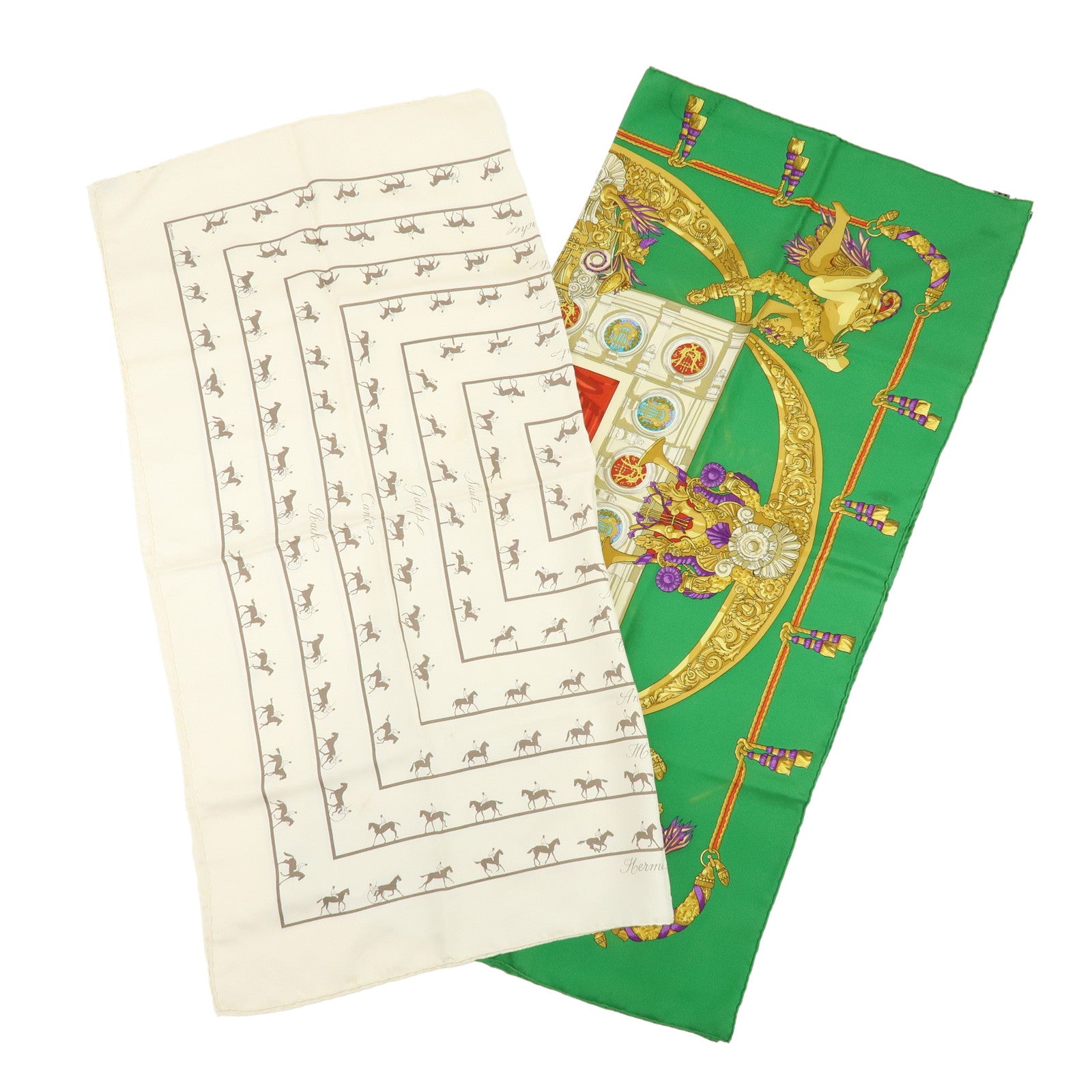 HERMES Carre 90 Set of 2 Silk 100% Scarf Green Gold Ivory