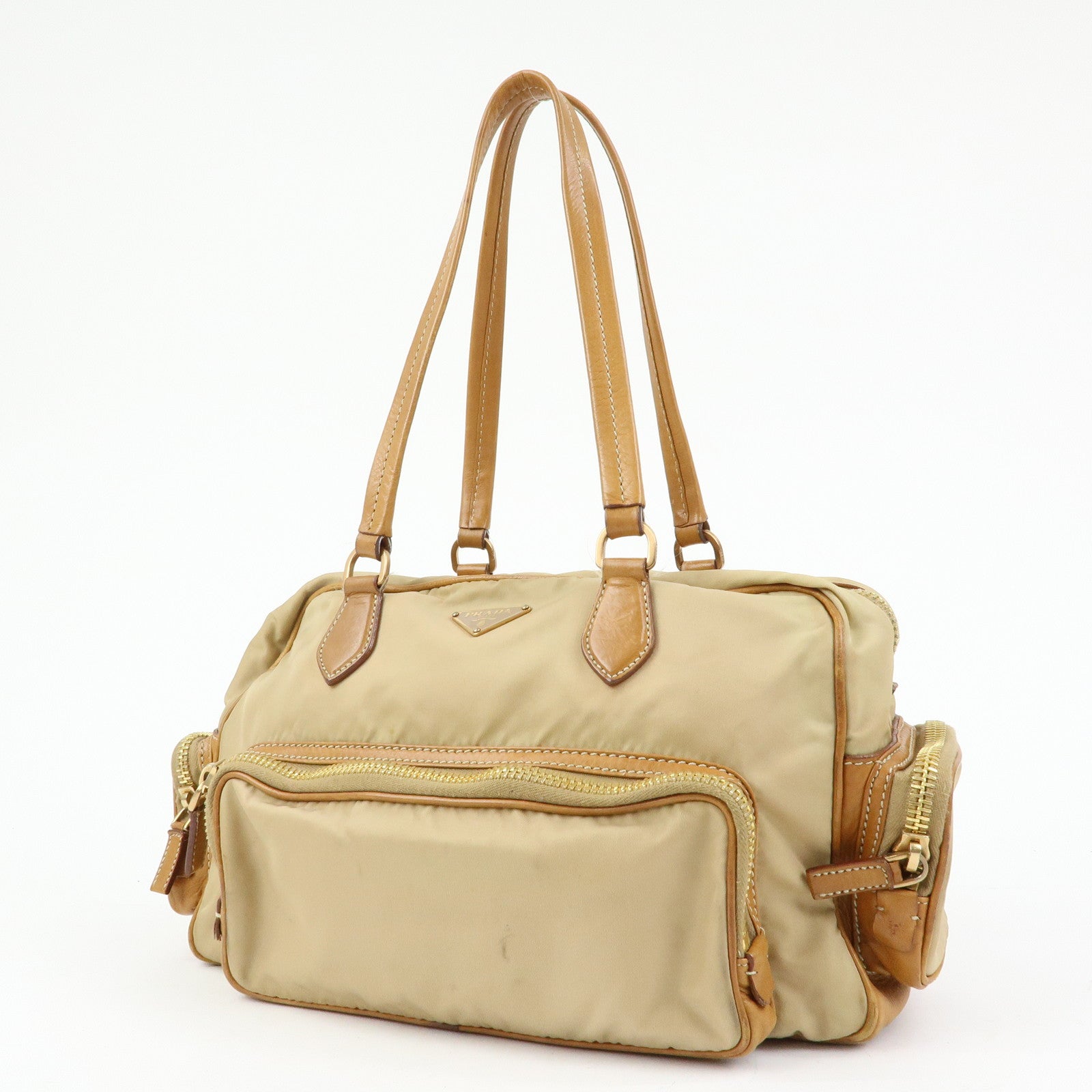 PRADA Triangle Logo Nylon Leather Shoulder Hand Bag Beige Brown