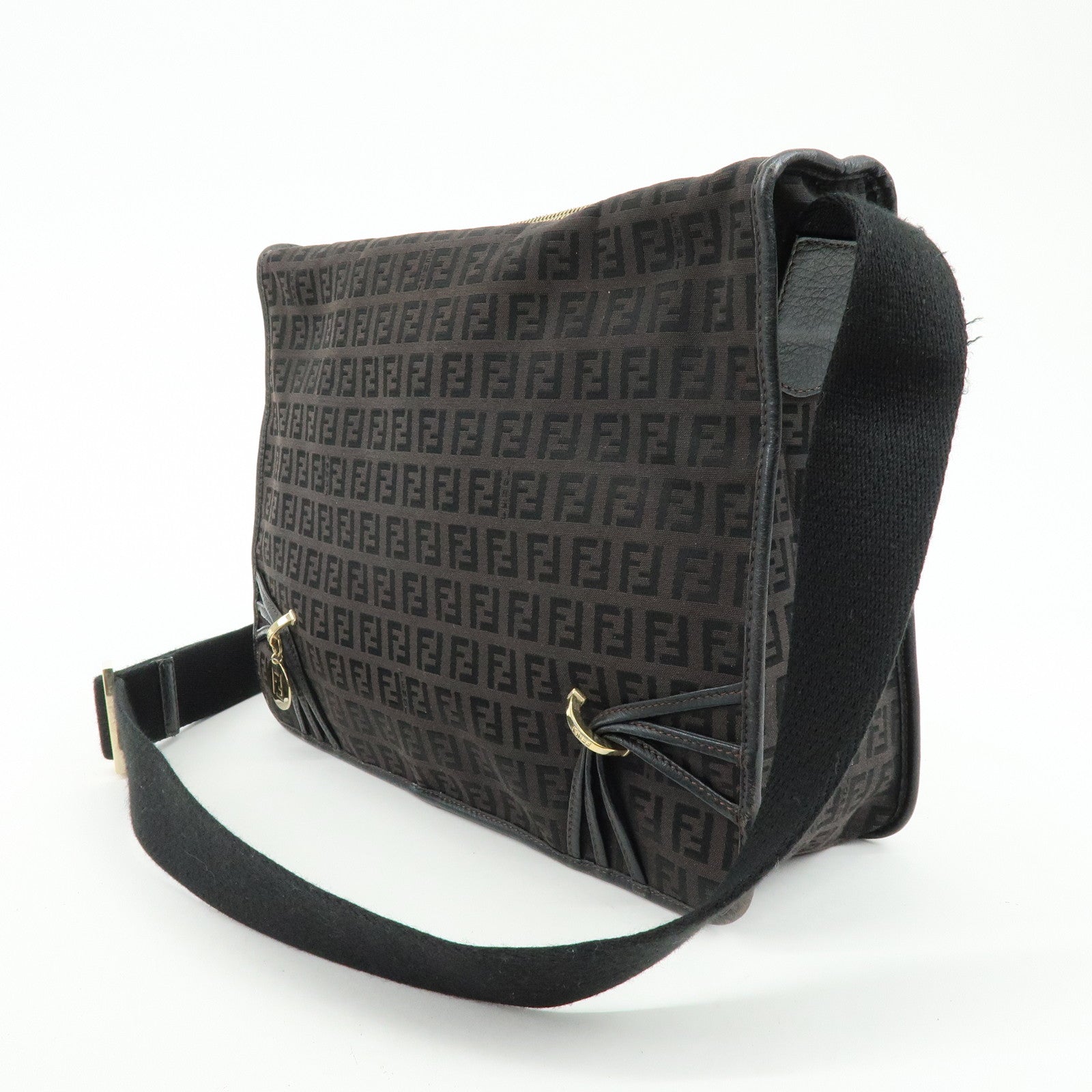 FENDI Zucchino Canvas Leather Shoulder Bag Dark Brown 8BT090