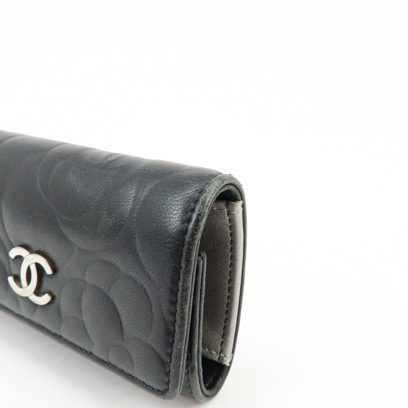 CHANEL Camelia Lamb Skin Leather Key Case Key Holder Black