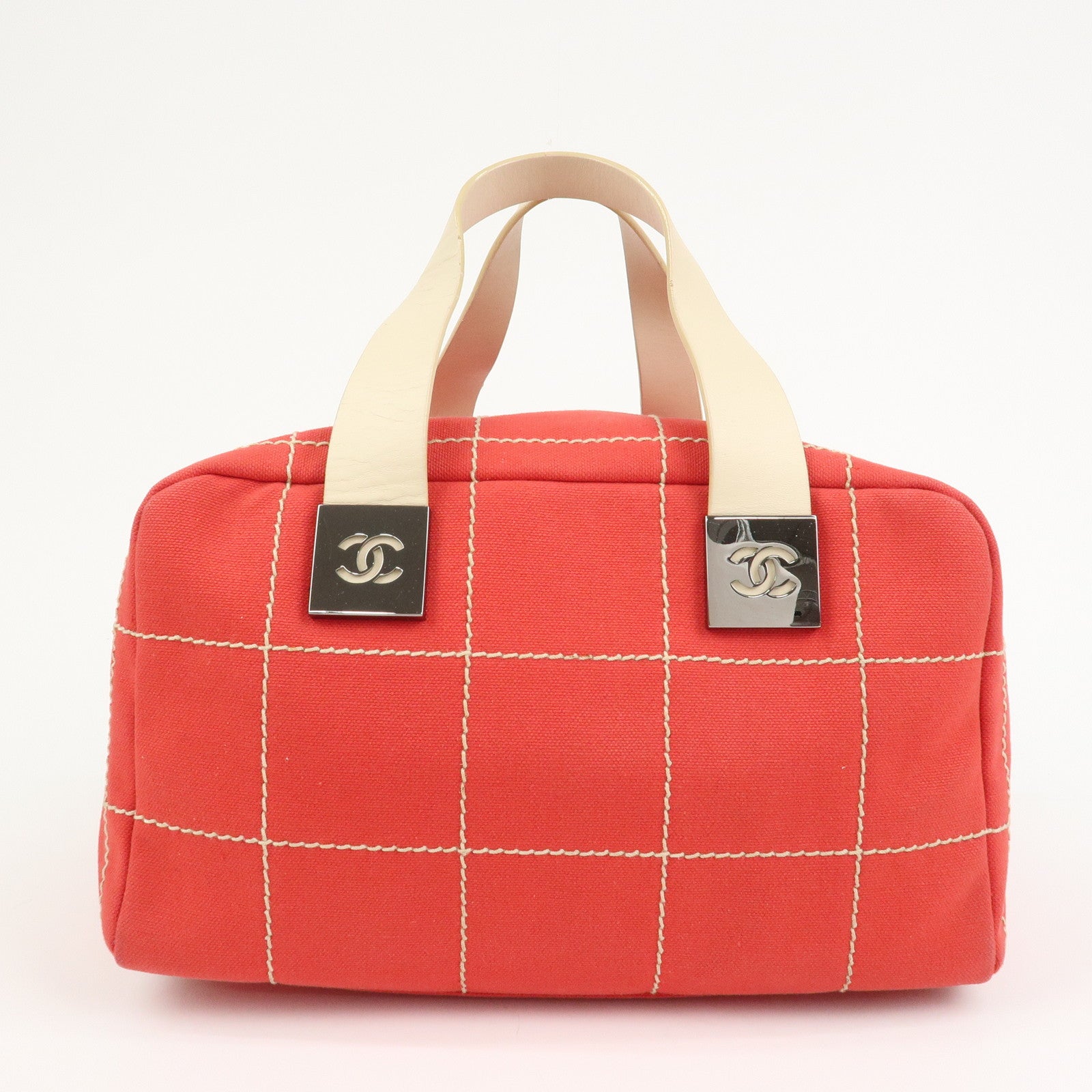 CHANEL Chocolate Bar COCO Mark Canvas Leather Hand Bag Red