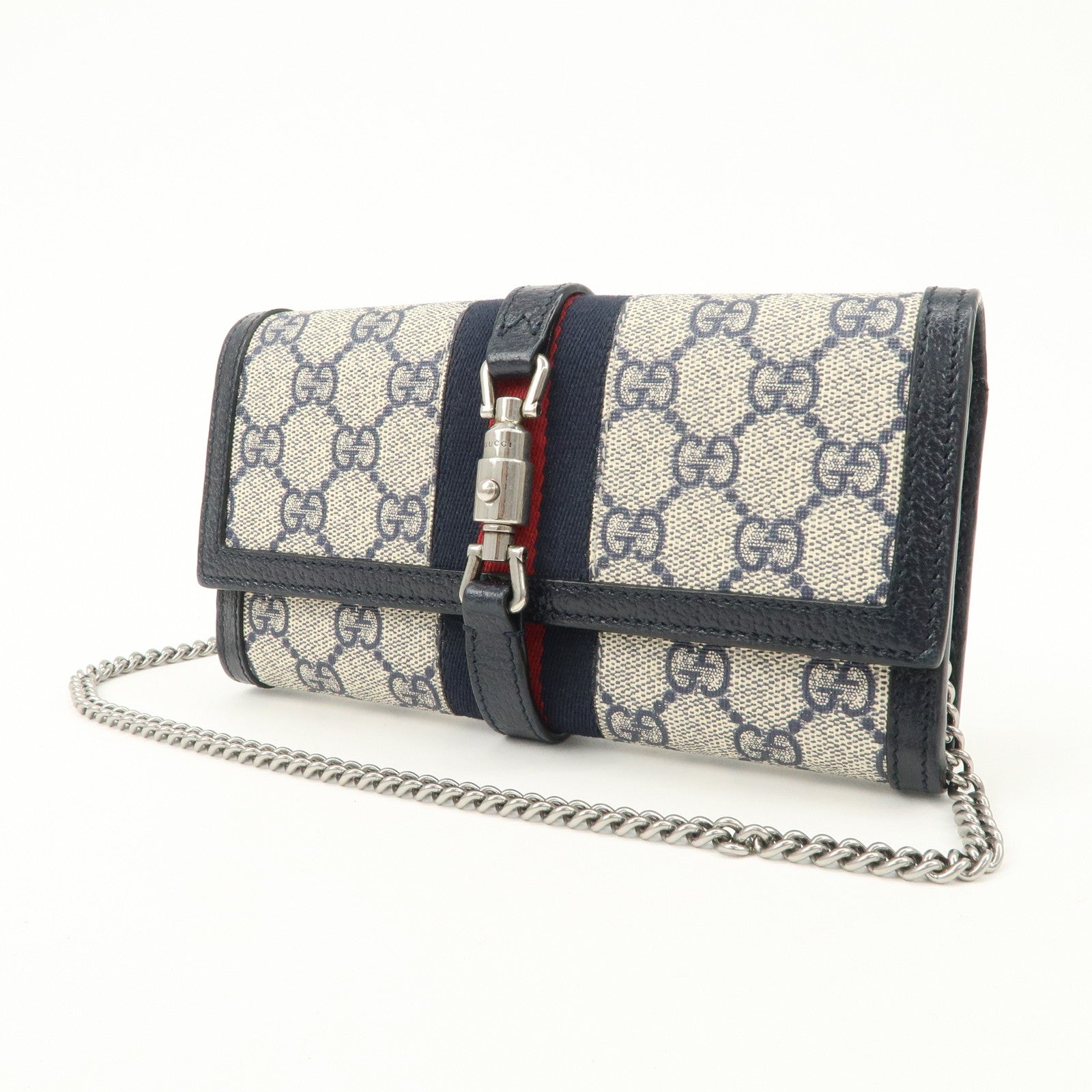 GUCCI New Jackie 1961 Sherry GG Supreme Chain Wallet Navy 652681
