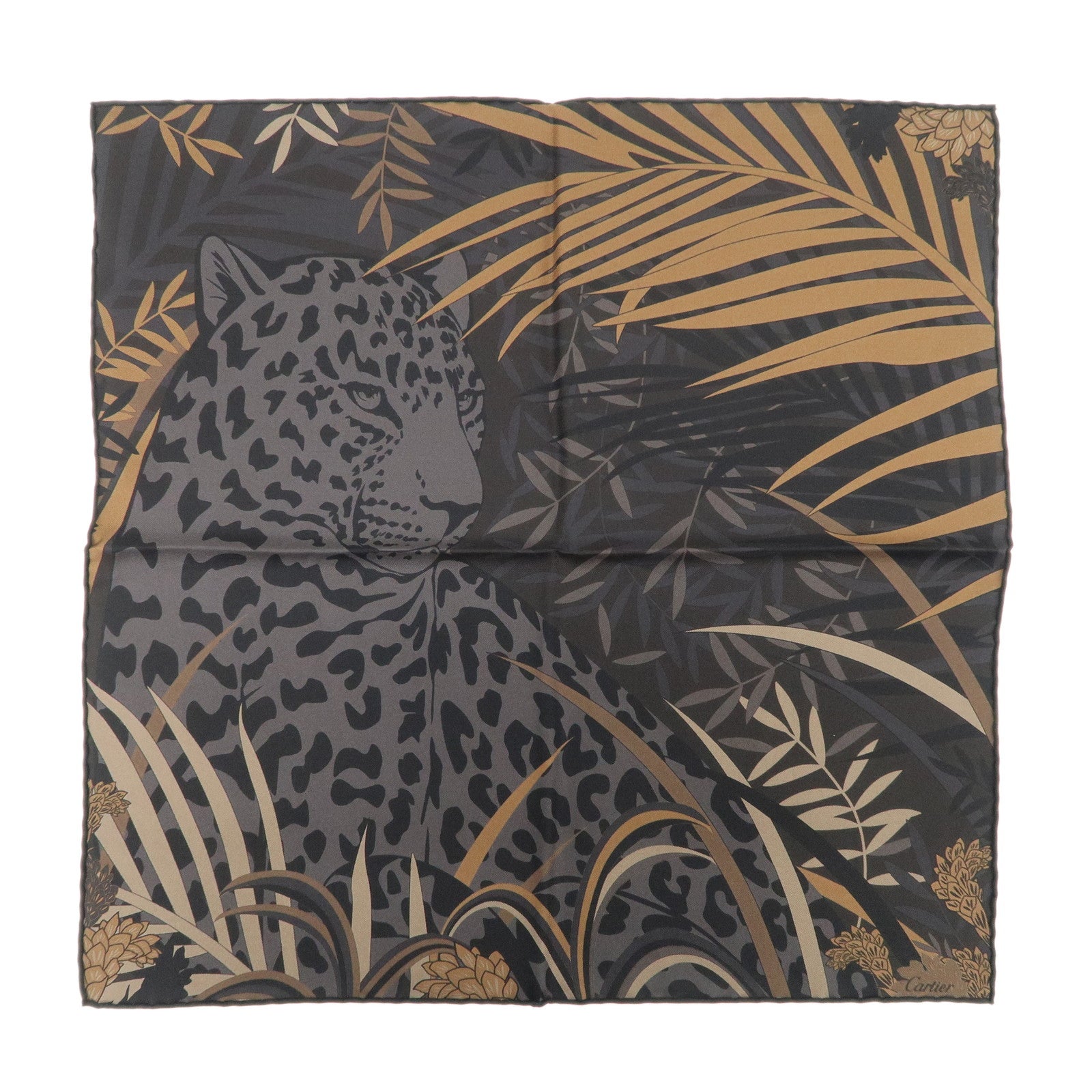 Cartier Silk 100% 42×42 Scarf Leopard Safari Motif Black Brown