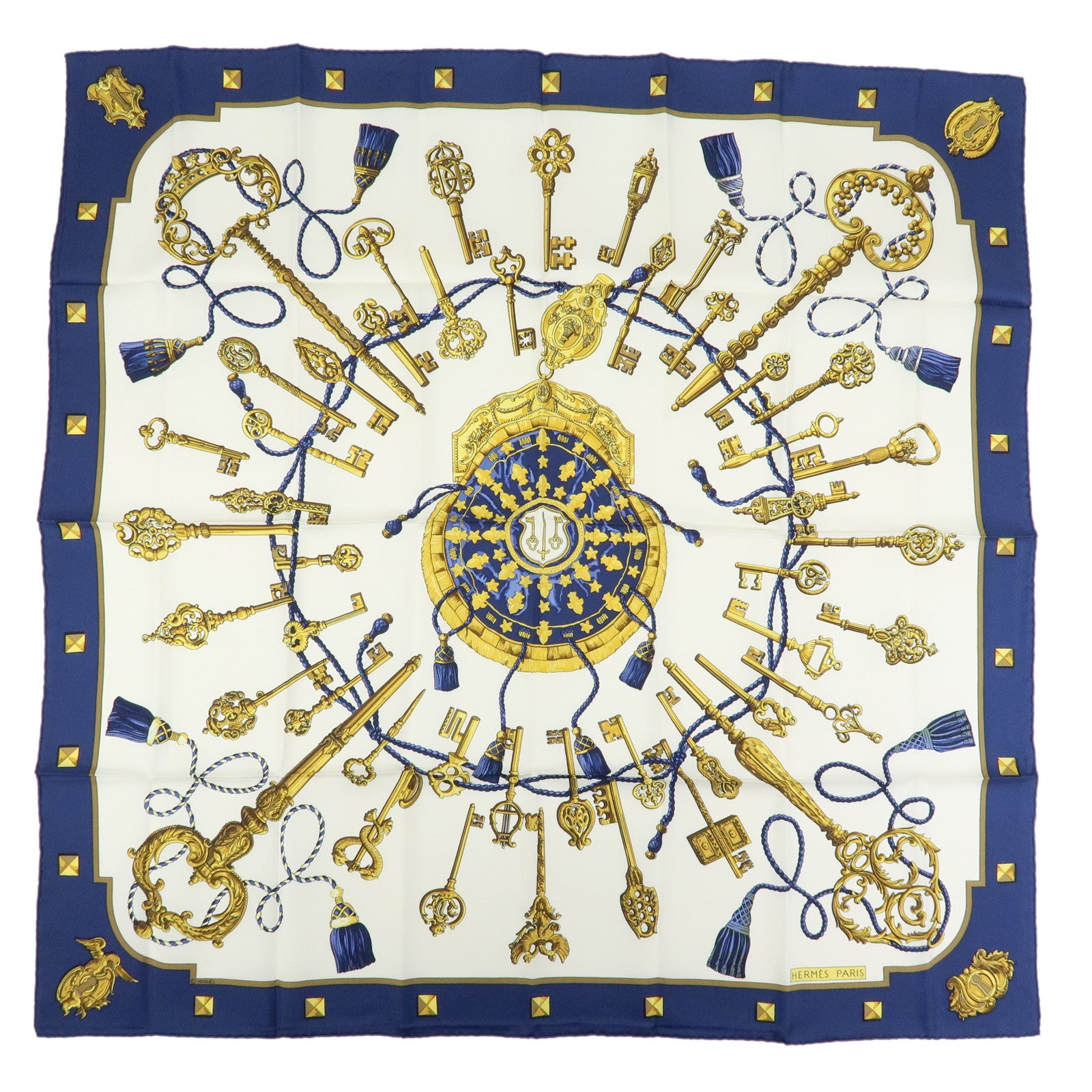 HERMES Carre 90 Silk 100% Scarf LES CLES THE KEYS RARE White Navy