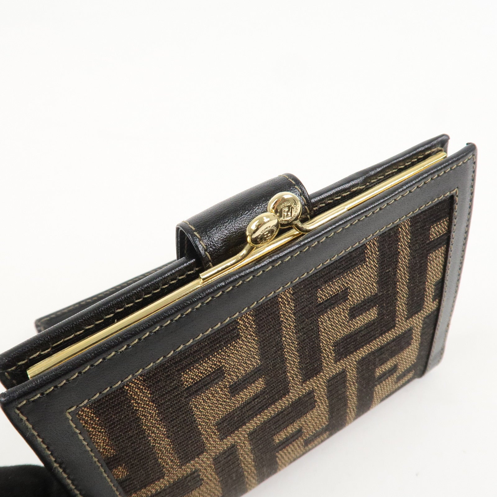 FENDI Zucca Kiss Lock Canvas Leather Bi-fold Wallet Brown 30207