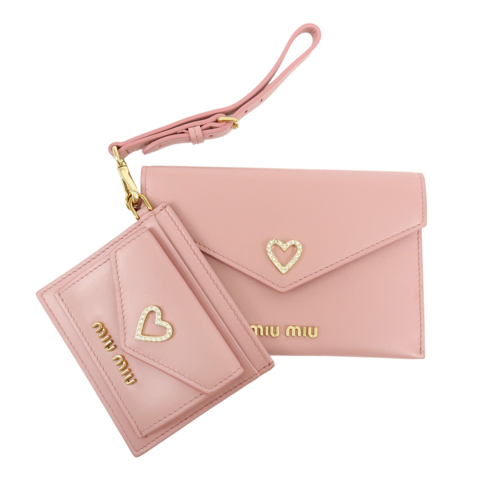 MIU MIU Madras Leather Rhinestone Card Case Heart Love letter Pink