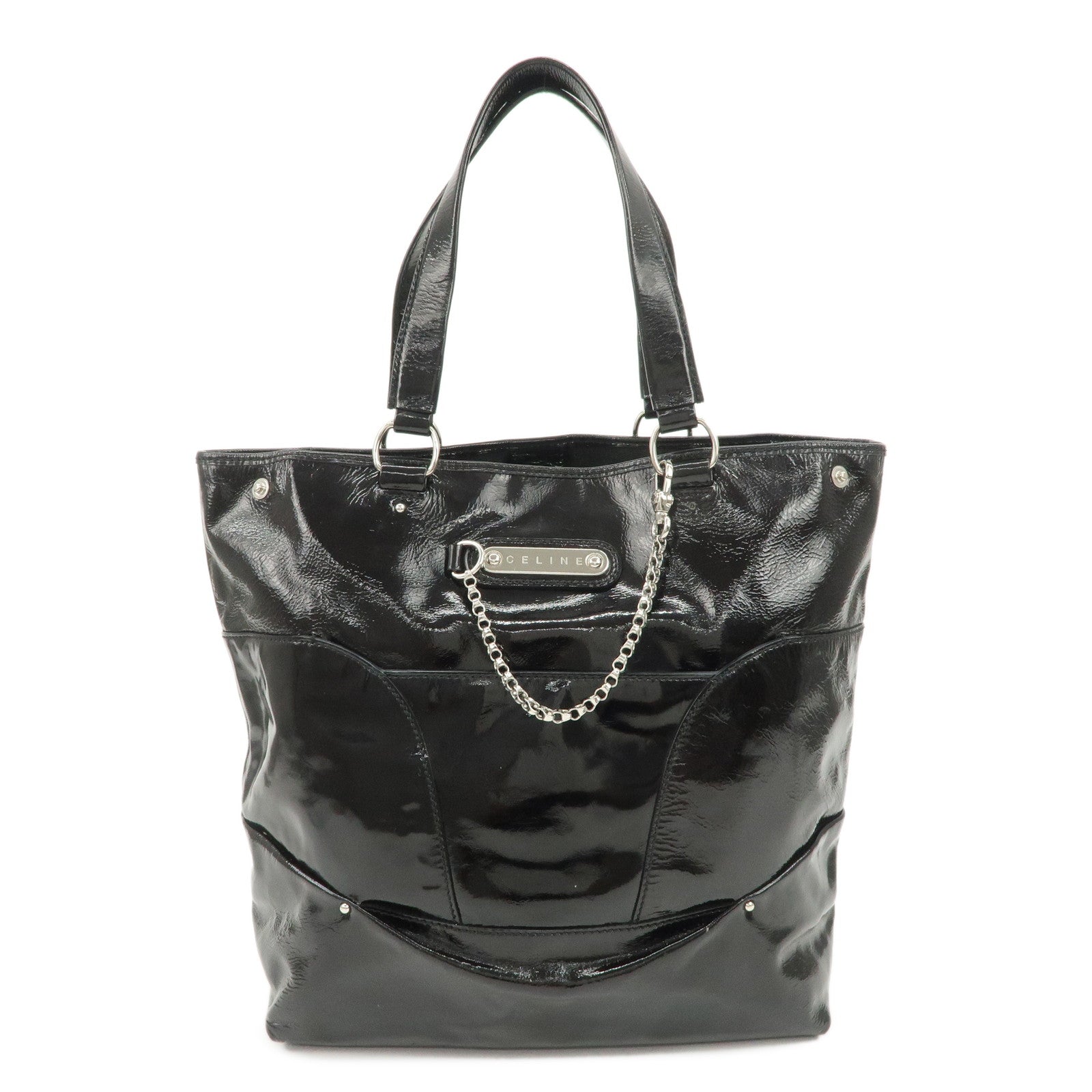CELINE Logo Patent Leather Tote Bag Hand Bag Shoulder Bag Black