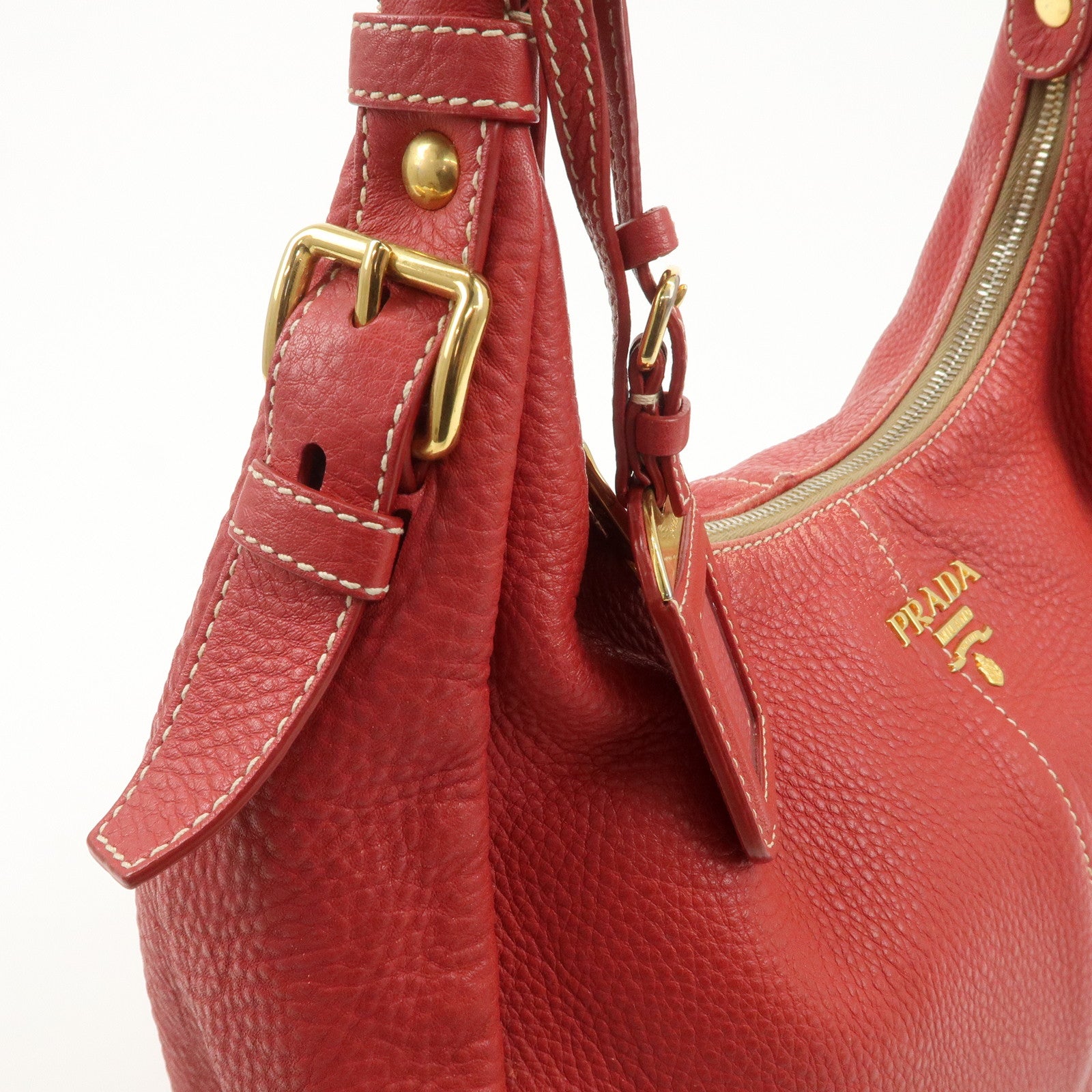 PRADA Logo Leather Shoulder Bag Hand Bag Red BR4373