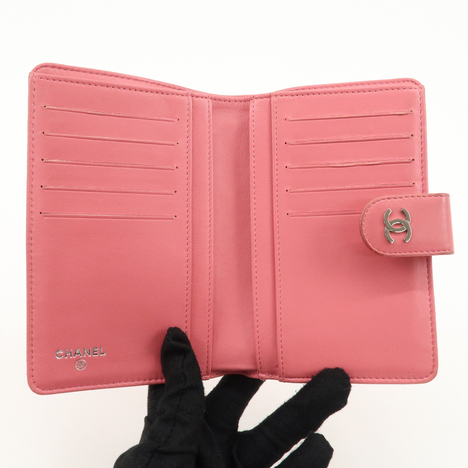 CHANEL Matelasse Lamb Skin Coco Mark Bi-fold Wallet Pink A48667