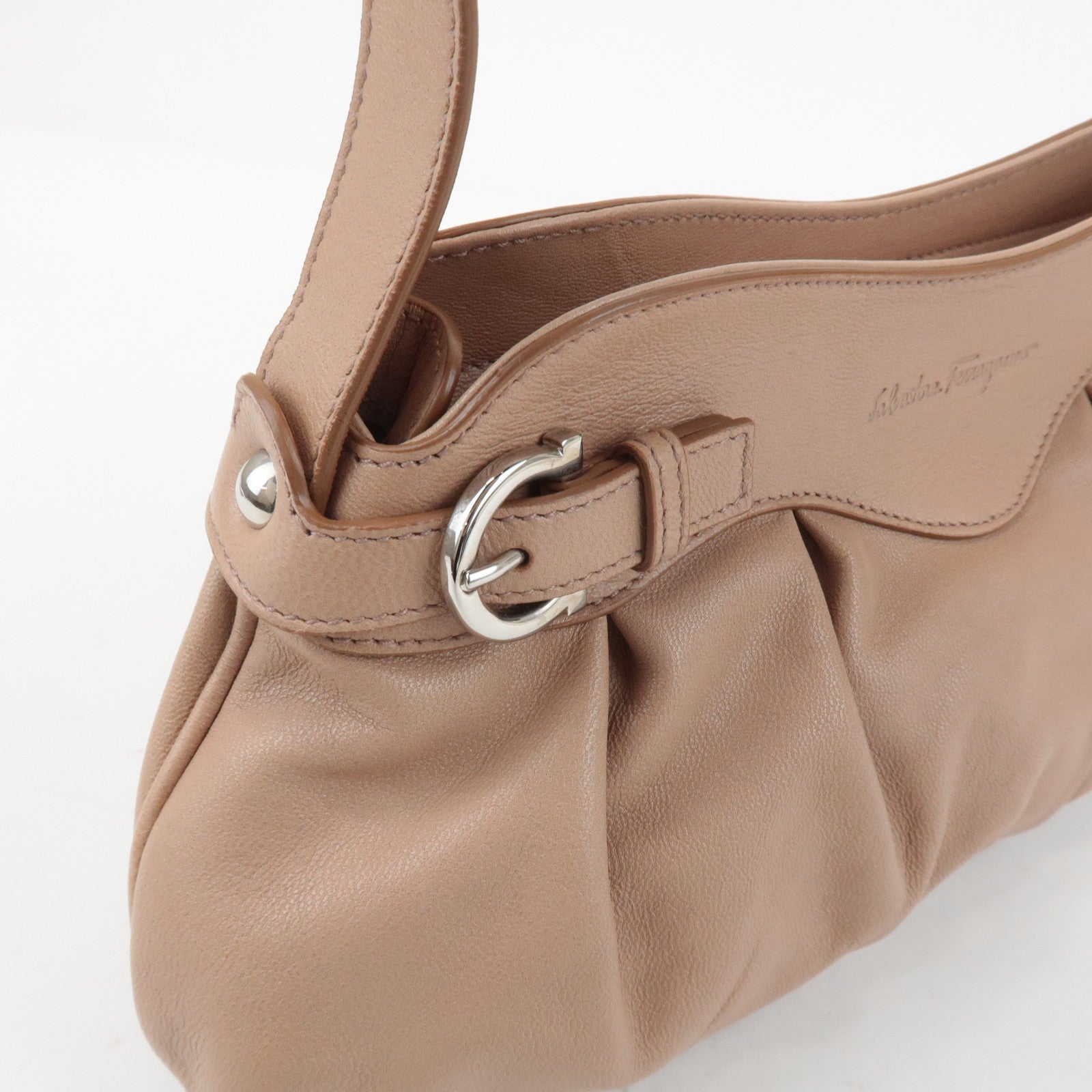 Ferragamo Gancini Leather Shoulder Bag Beige Silver Hardware Used