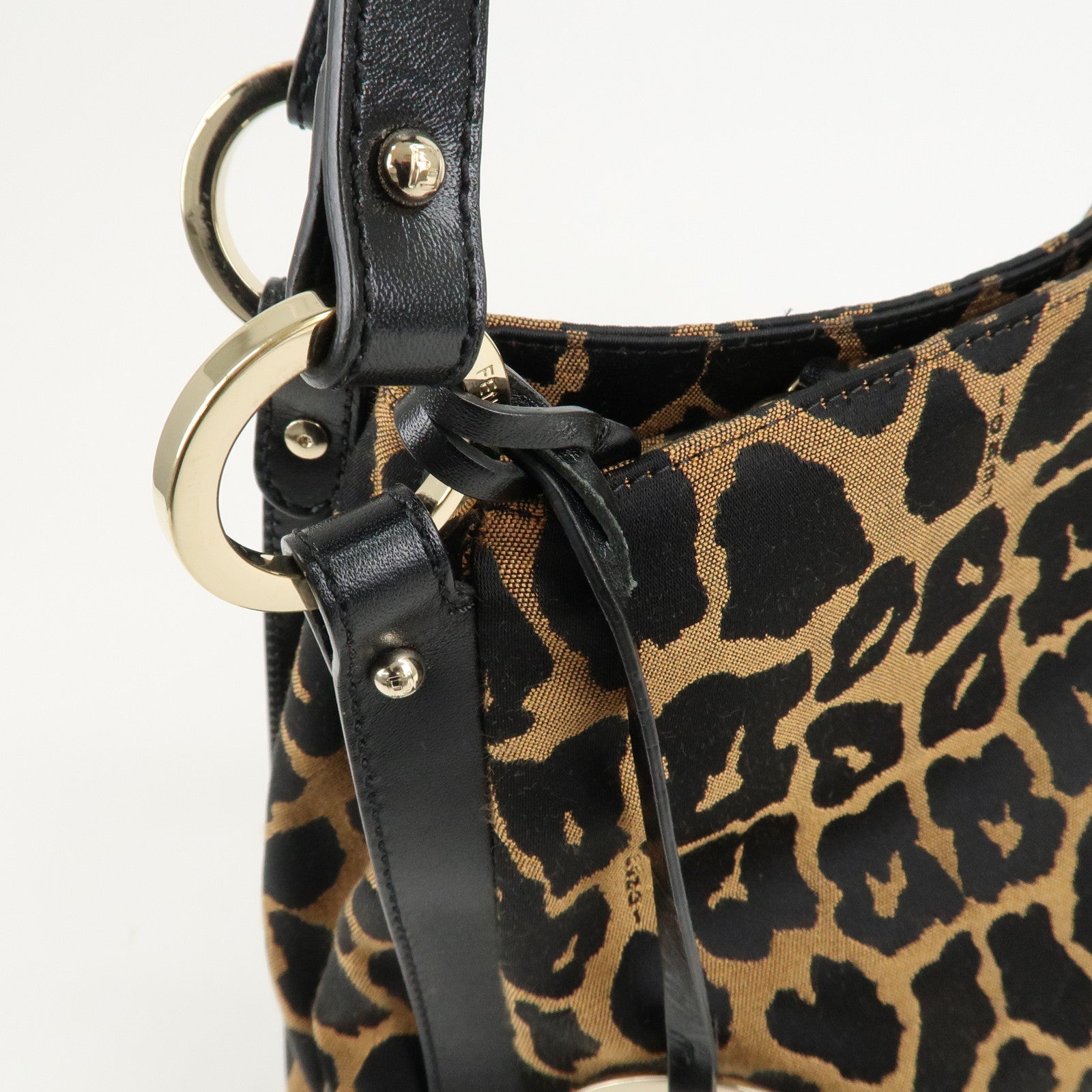 FENDI Canvas Leather Shoulder Bag Tote Bag Leopard 8BR652