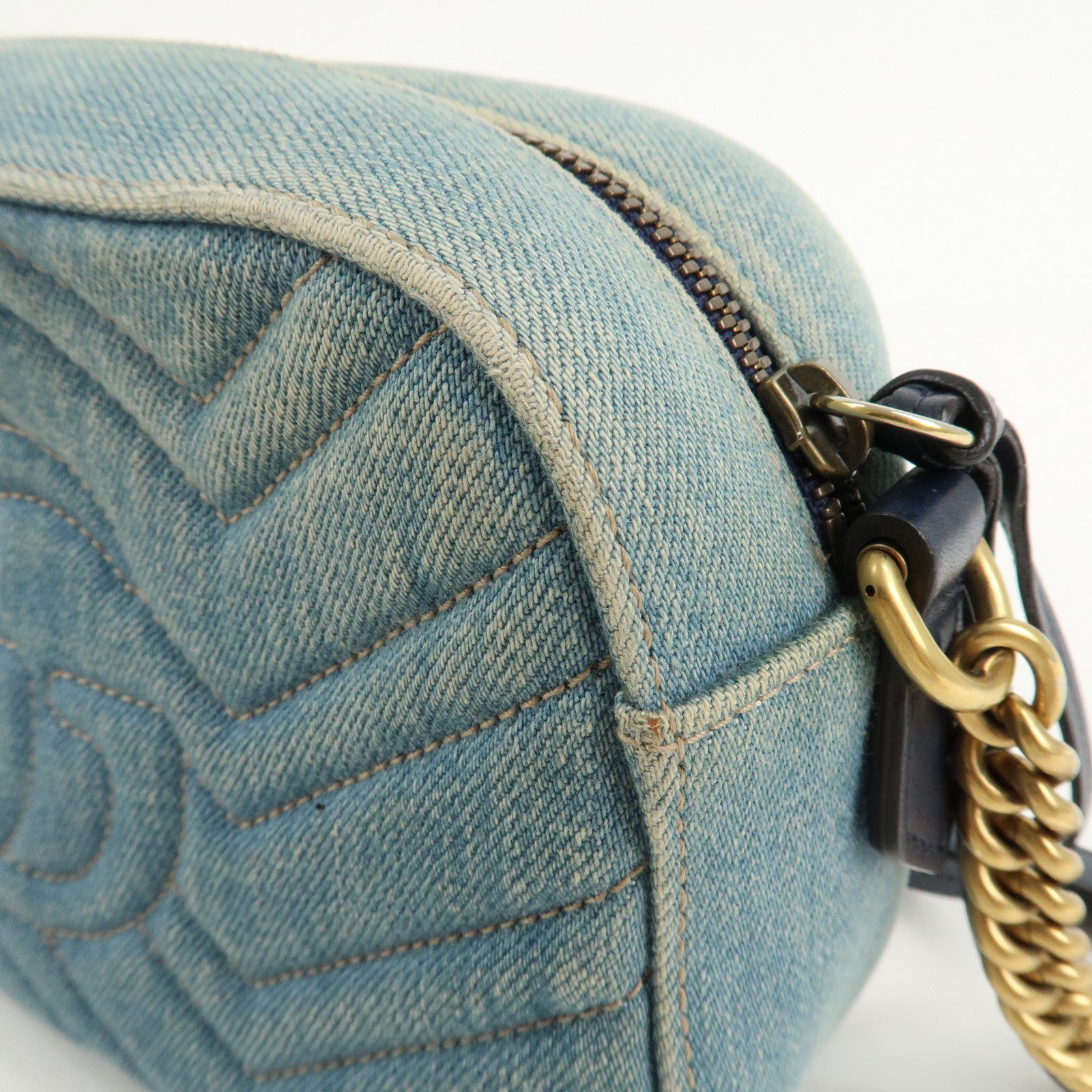 GUCCI GG Marmont Denim Leather Chain Shoulder Bag LIght Blue447632