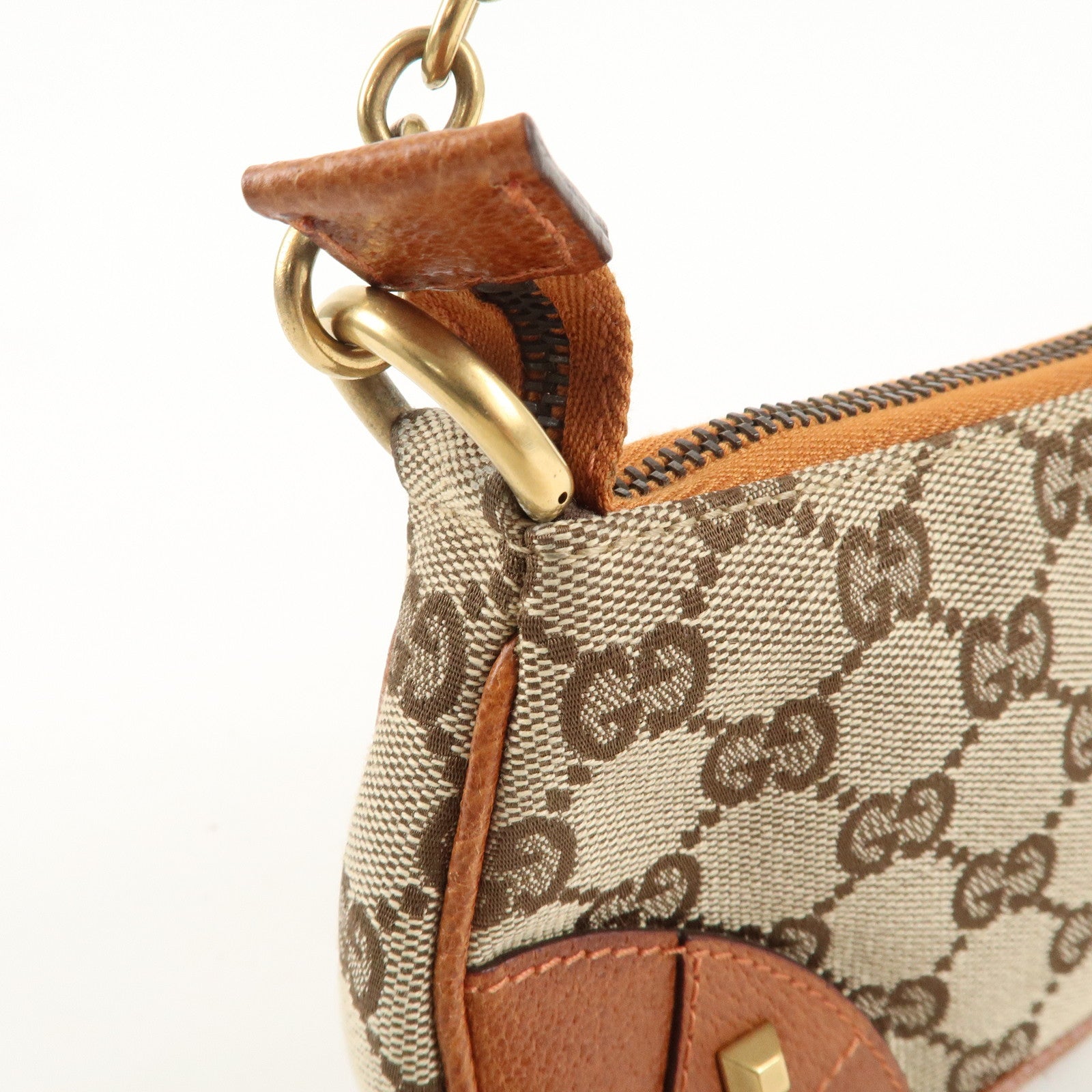 GUCCI GG Canvas Leather Chain Hand Bag Pouch Beige Brown 120940