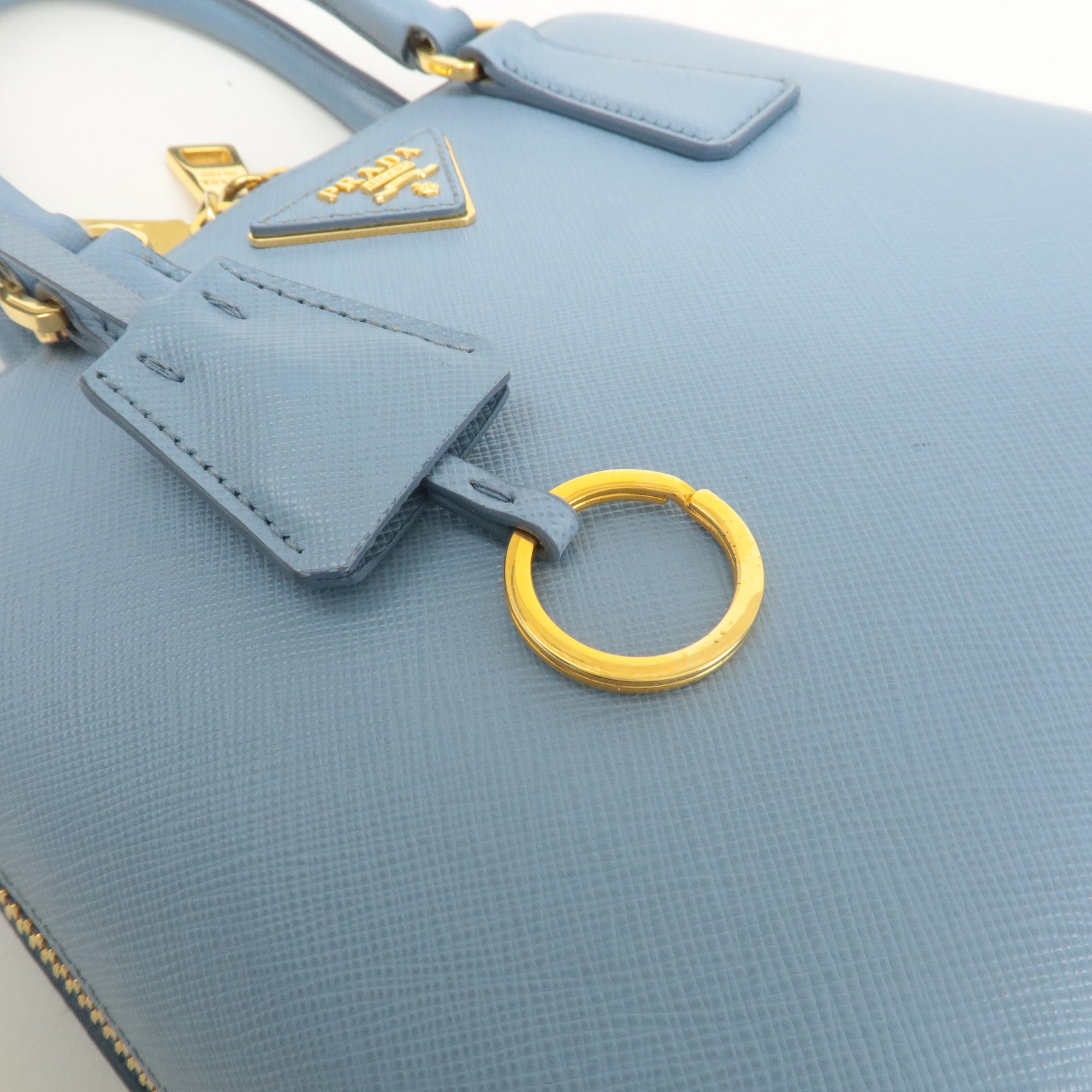 PRADA Triangle Logo Saffiano Leather Hand Bag Light Blue